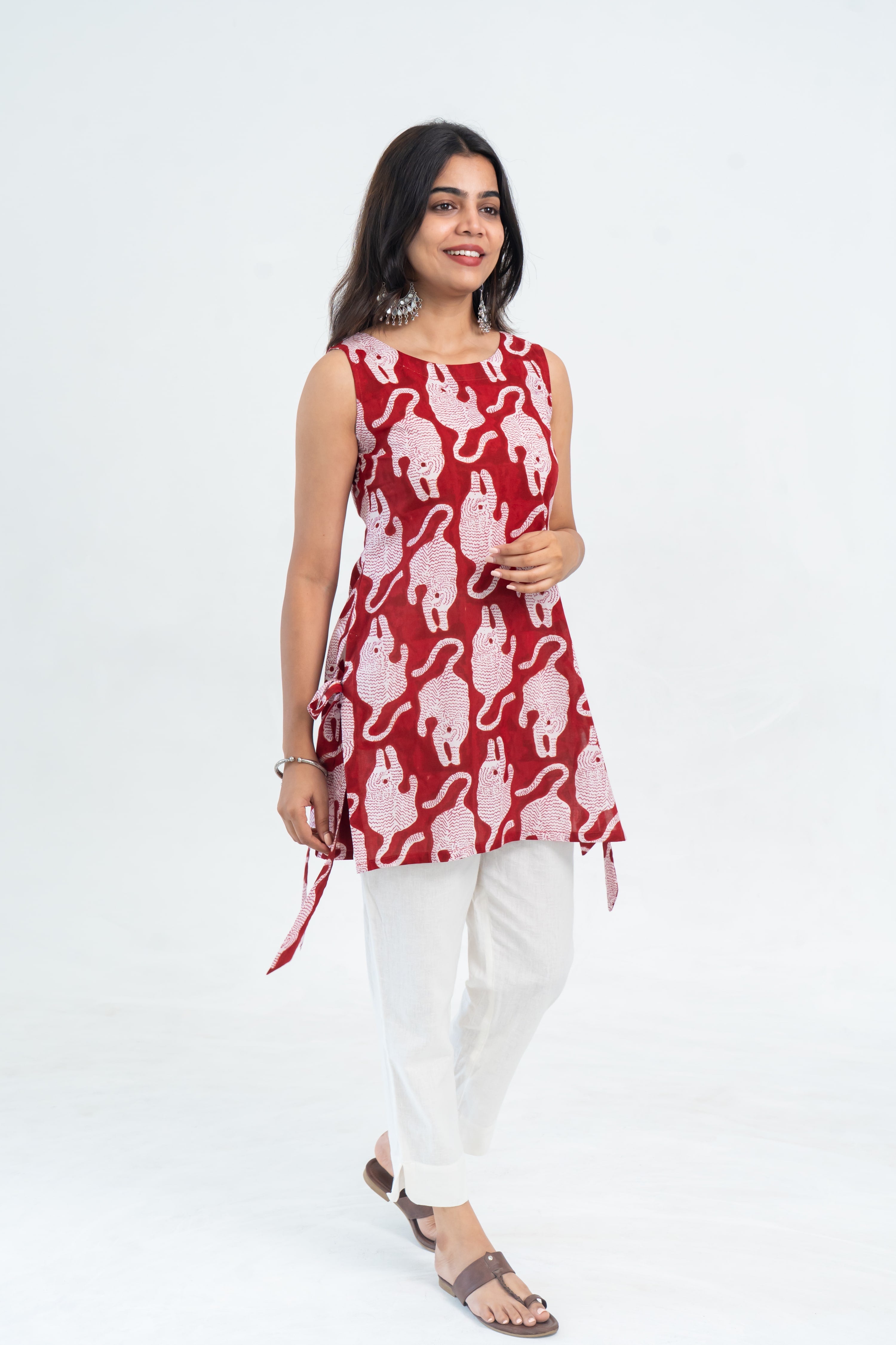 Red Tiger Print Cotton Short Kurti (Top Only)