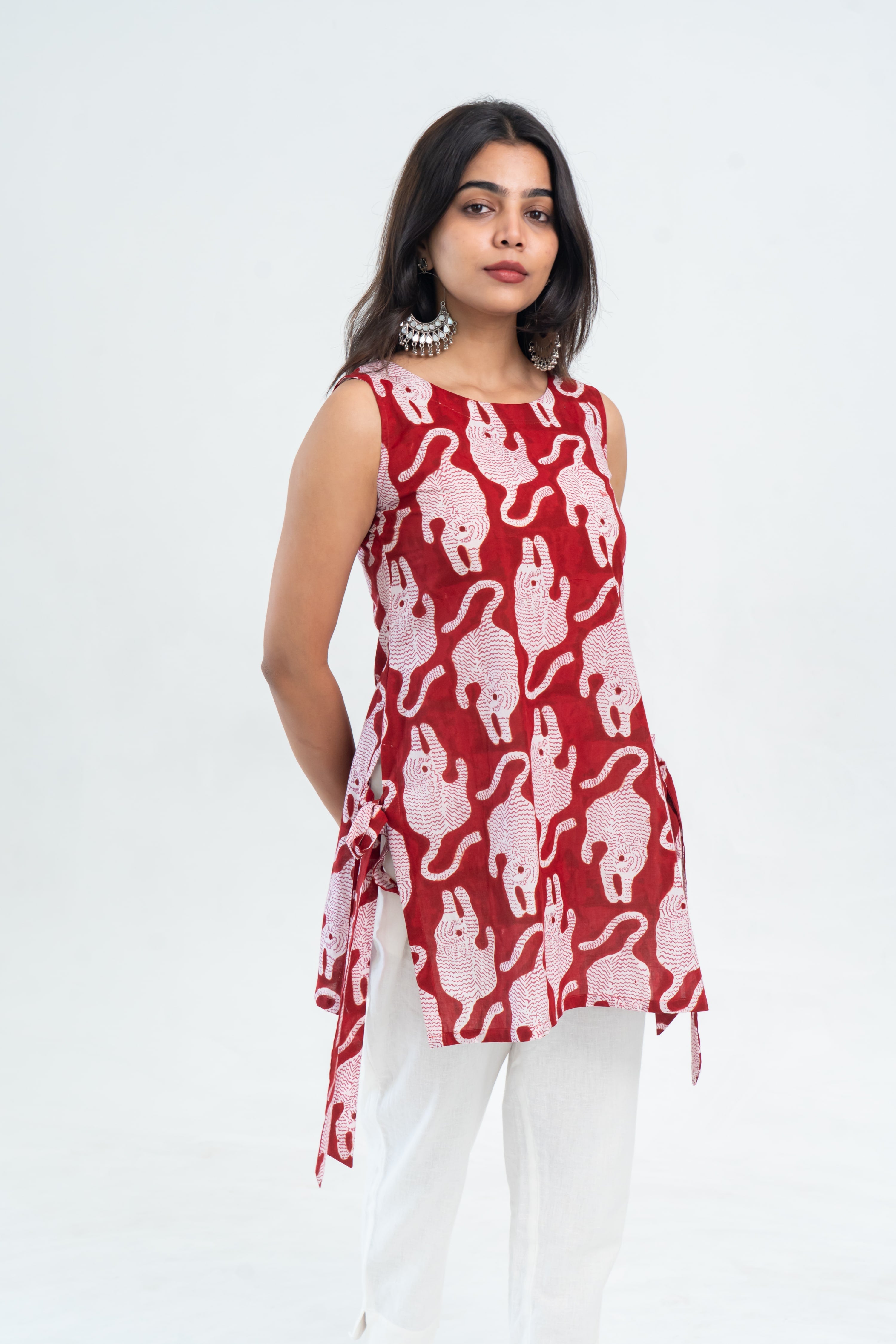 Red Tiger Print Cotton Short Kurti (Top Only)