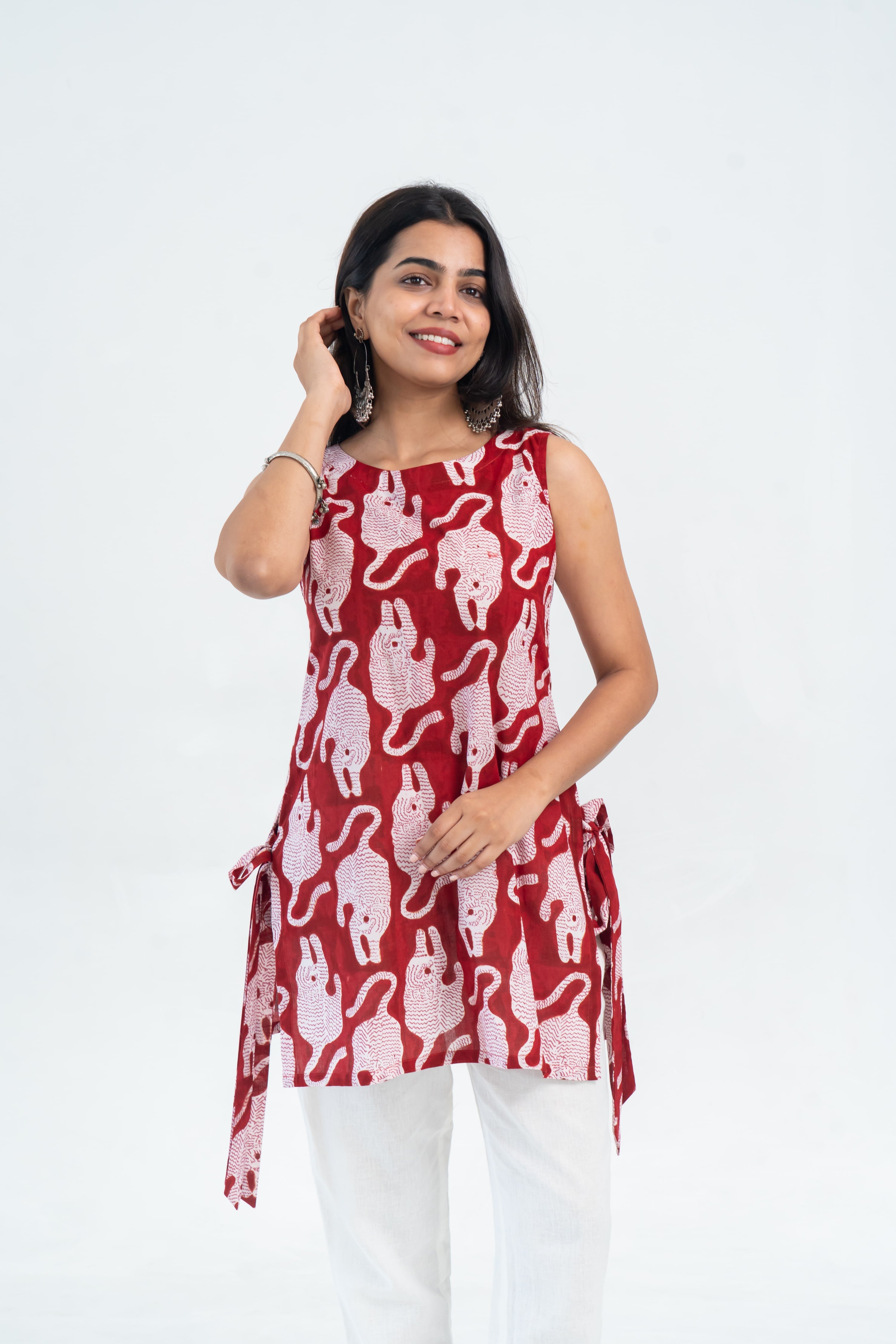 Red Tiger Print Cotton Short Kurti (Top Only)
