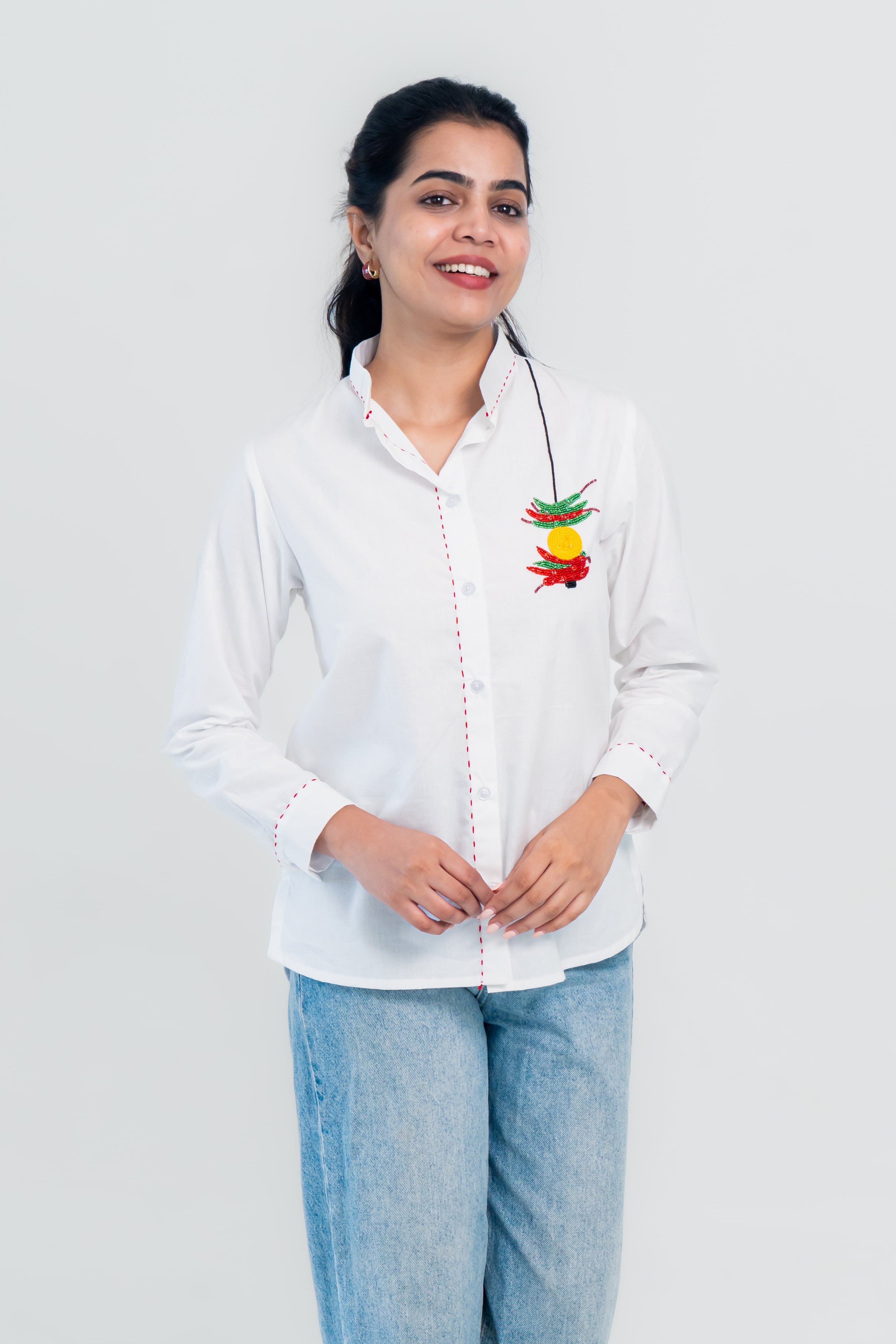White Cotton Shirt with Chilli Embroidery