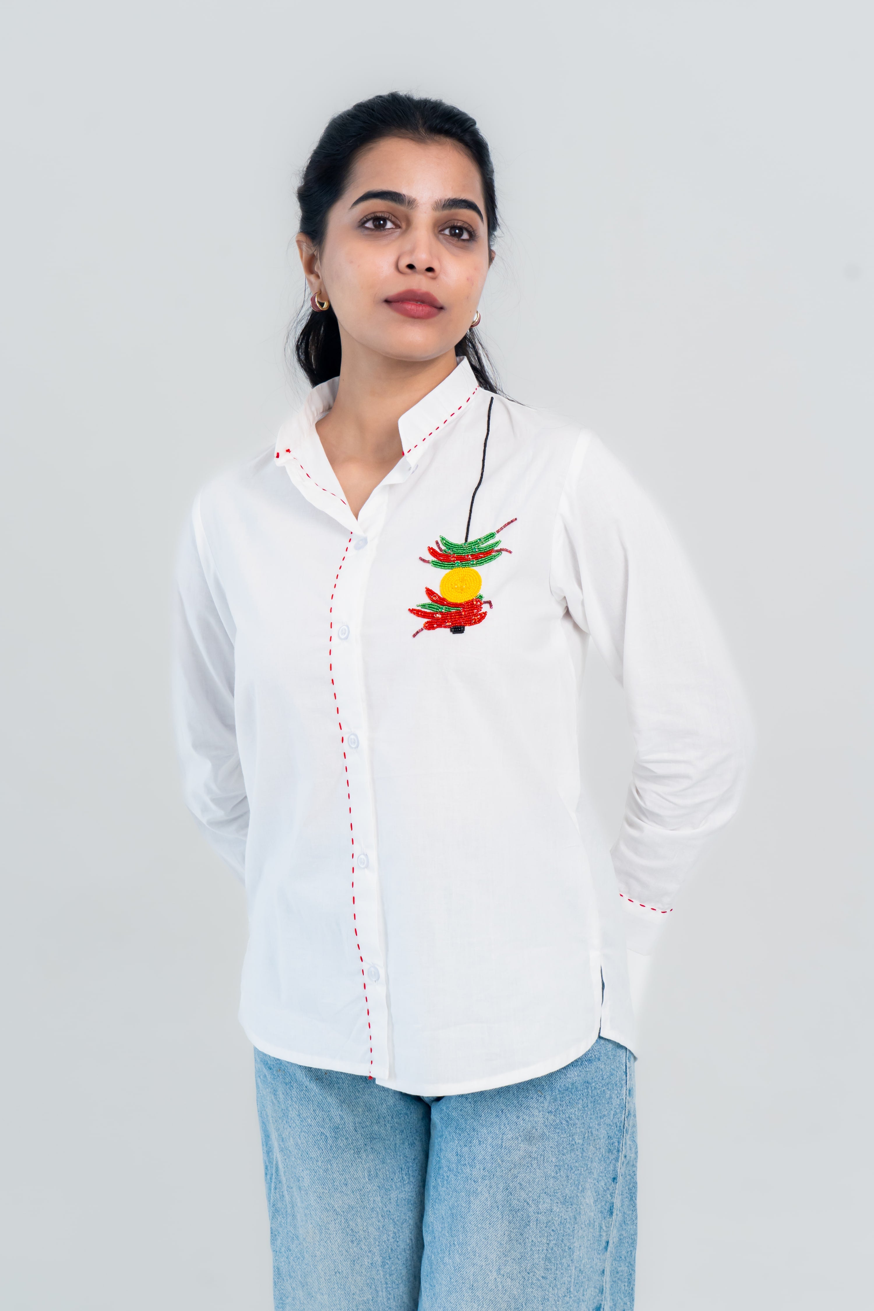 White Cotton Shirt with Chilli Embroidery