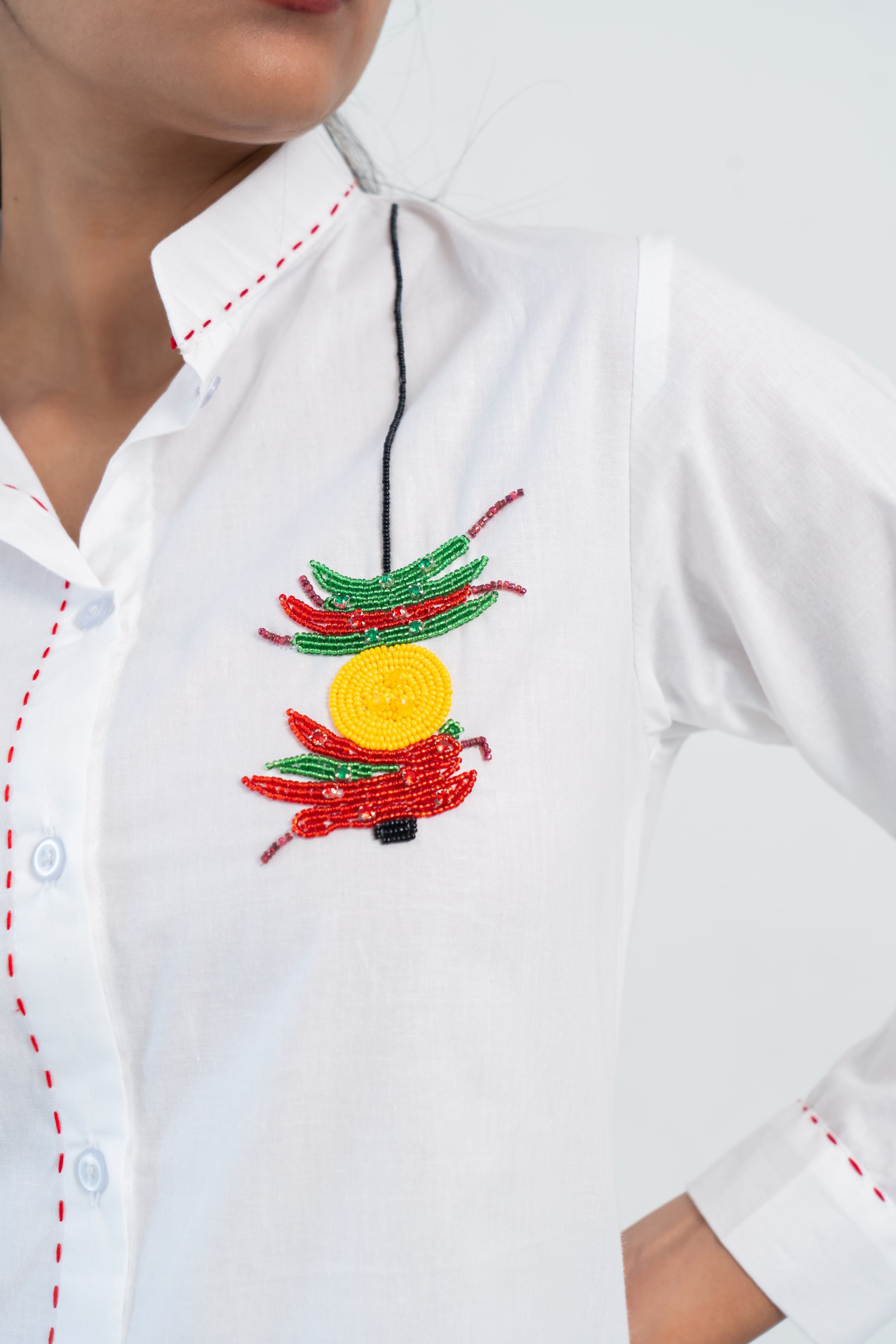 White Cotton Shirt with Chilli Embroidery