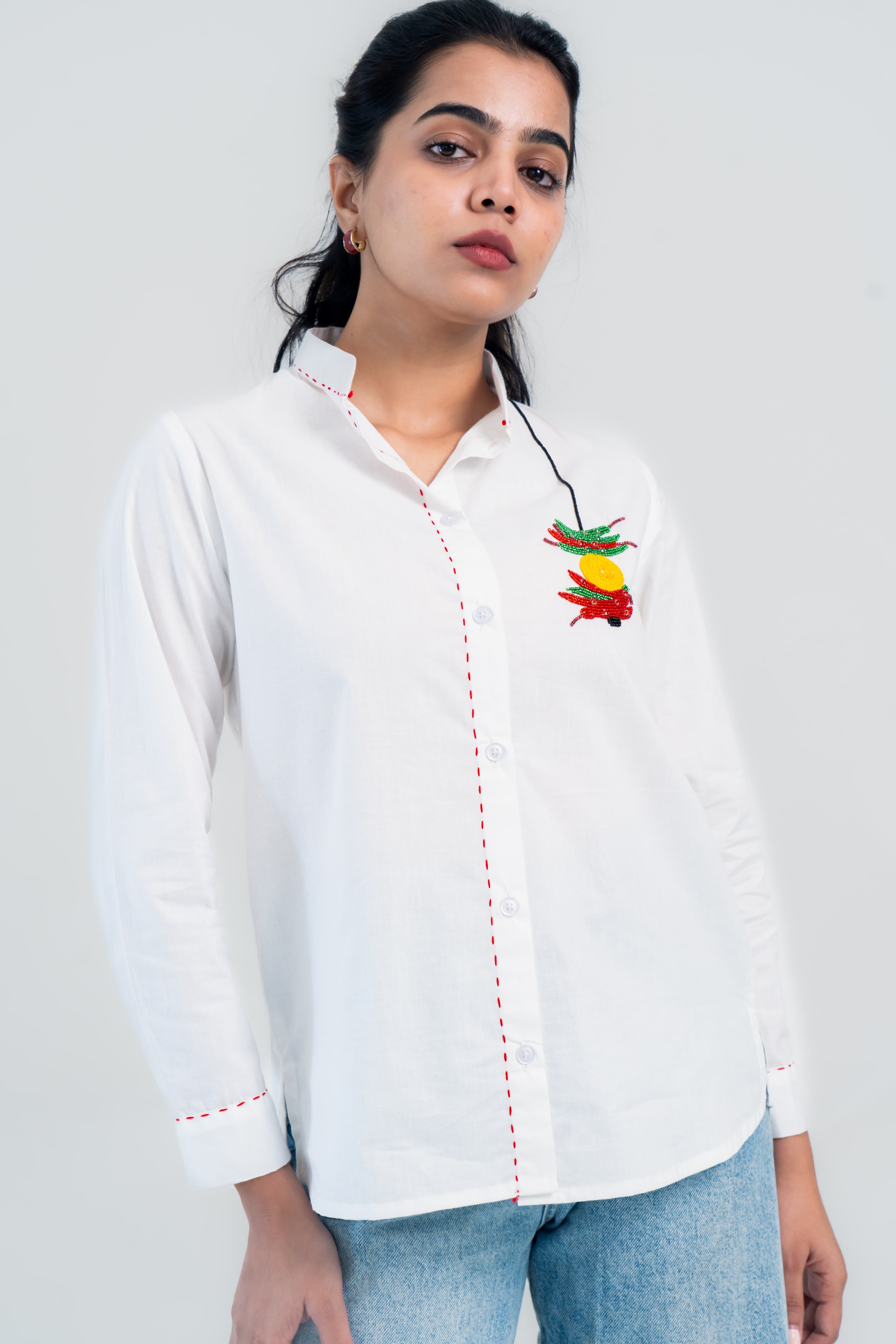 White Cotton Shirt with Chilli Embroidery