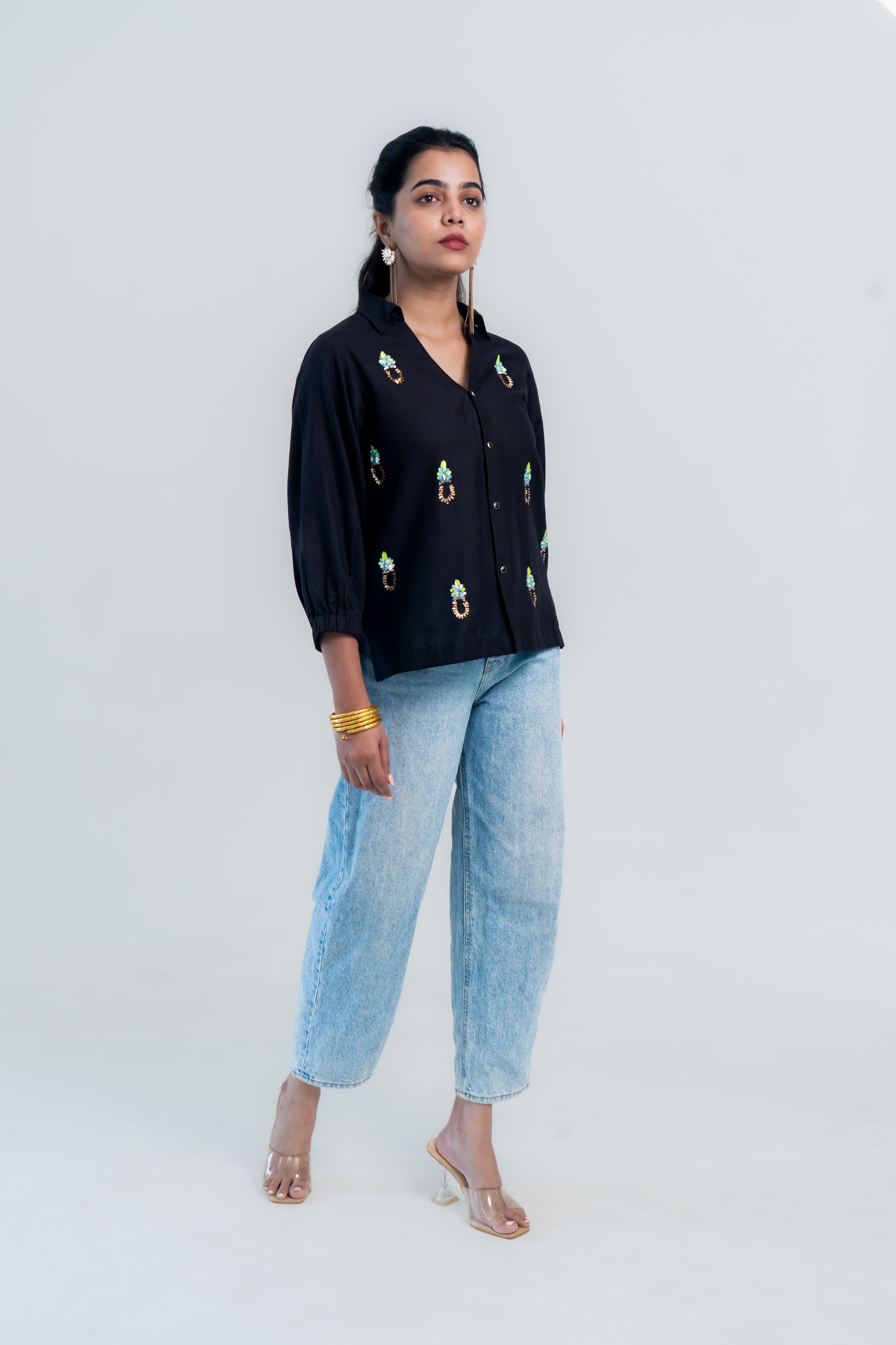 Black Cotton Shirt with Pineapple Embroidery