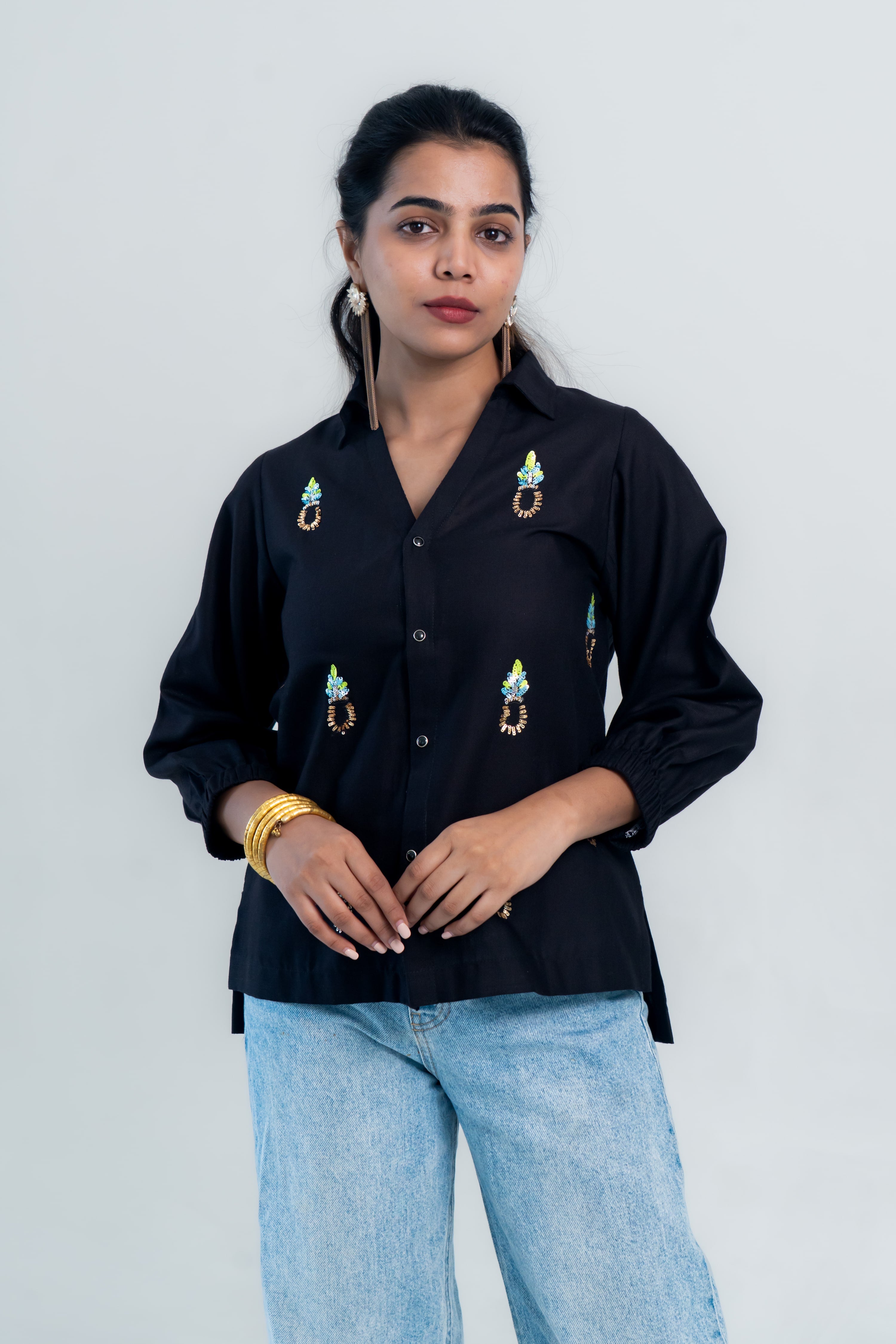 Black Cotton Shirt with Pineapple Embroidery