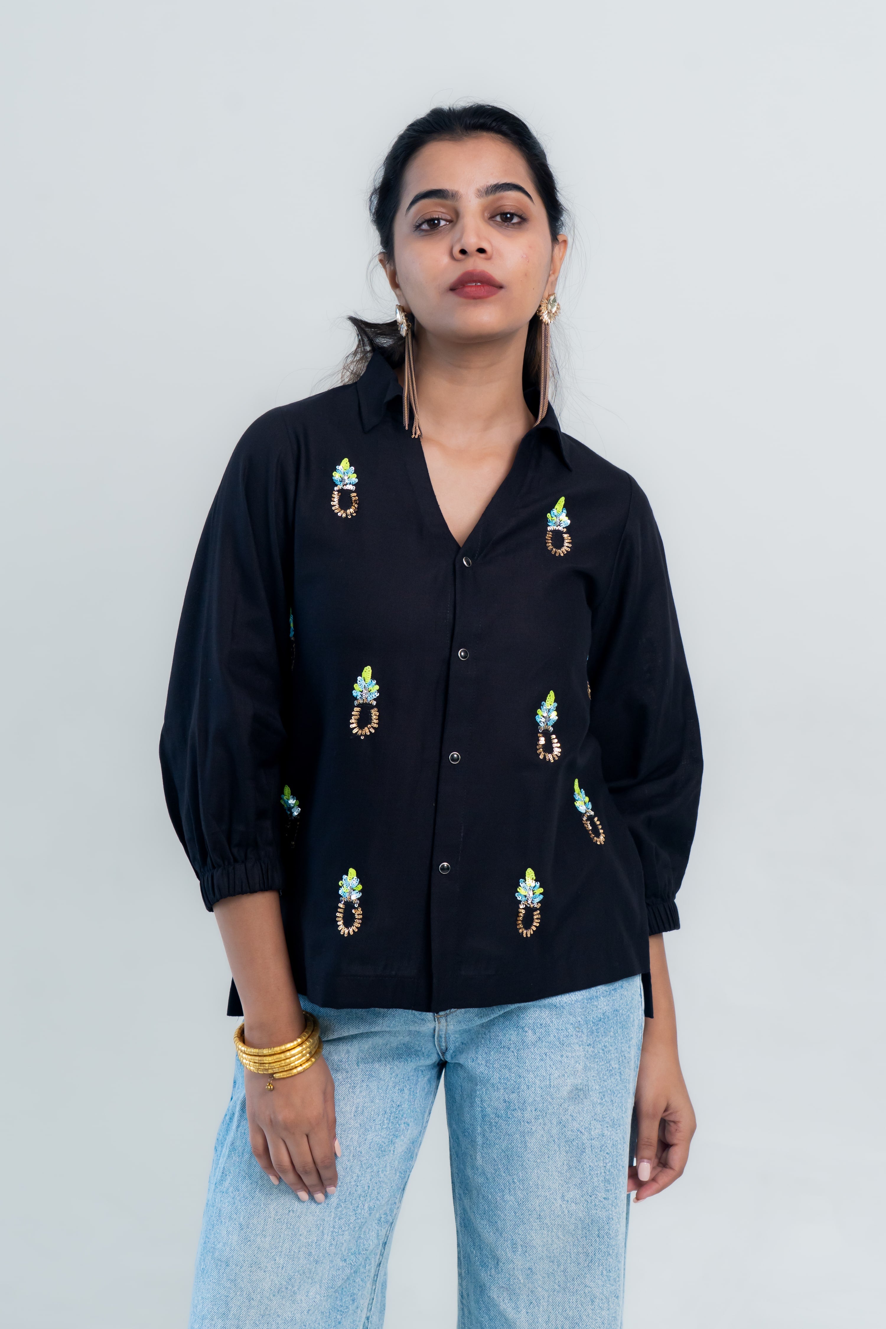 Black Cotton Shirt with Pineapple Embroidery
