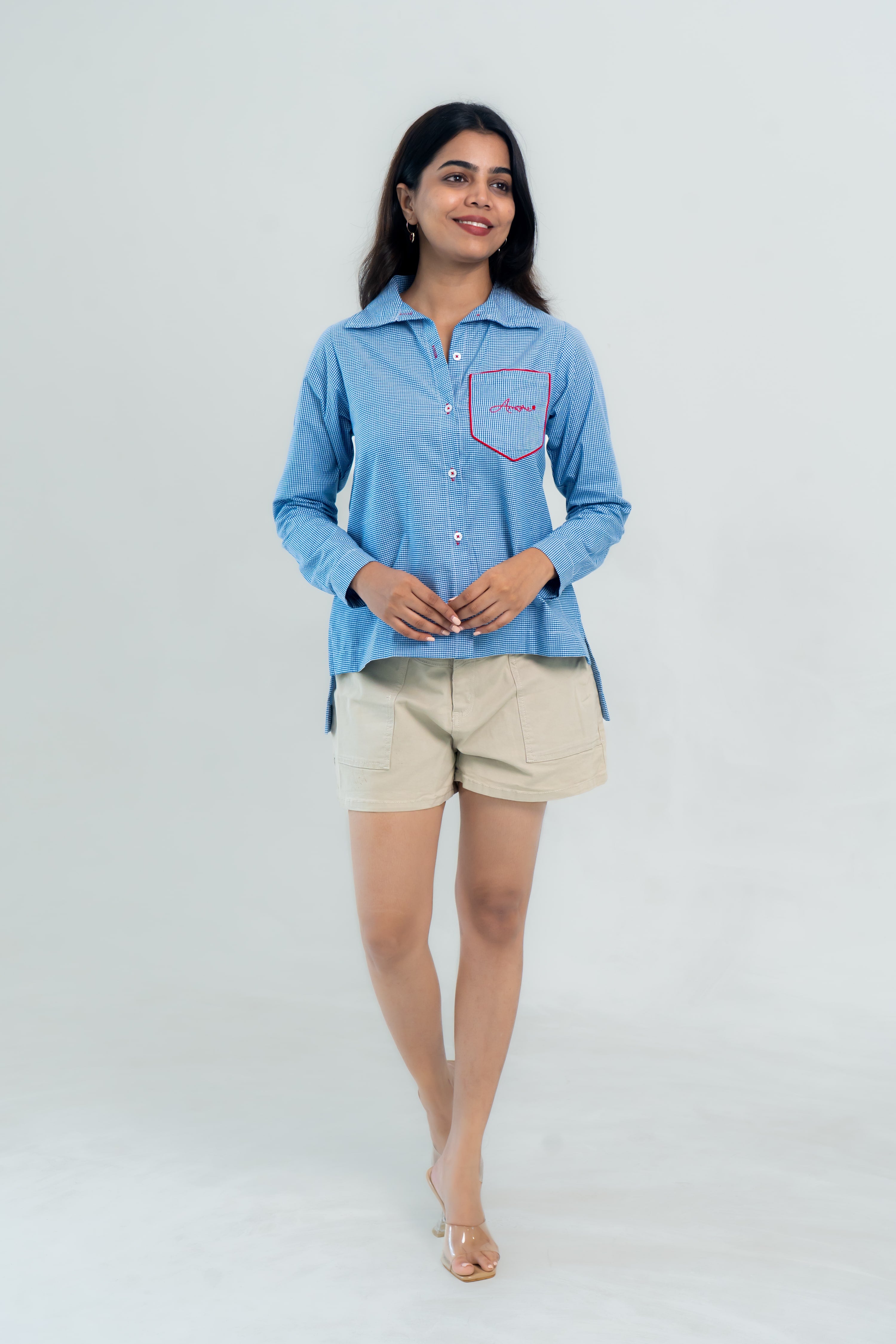 Blue Checked Cotton Shirt with Heart Embroidery