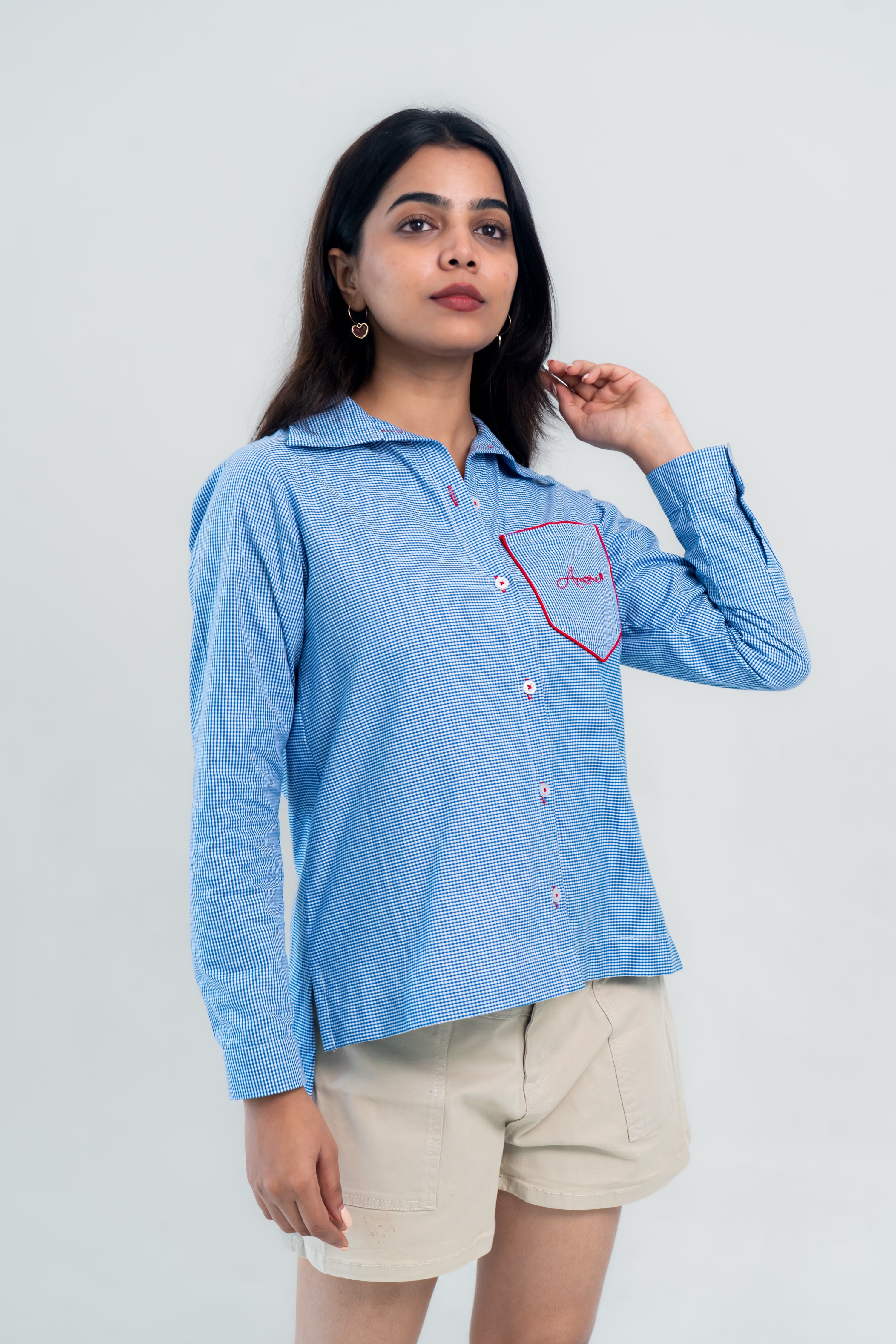 Blue Checked Cotton Shirt with Heart Embroidery