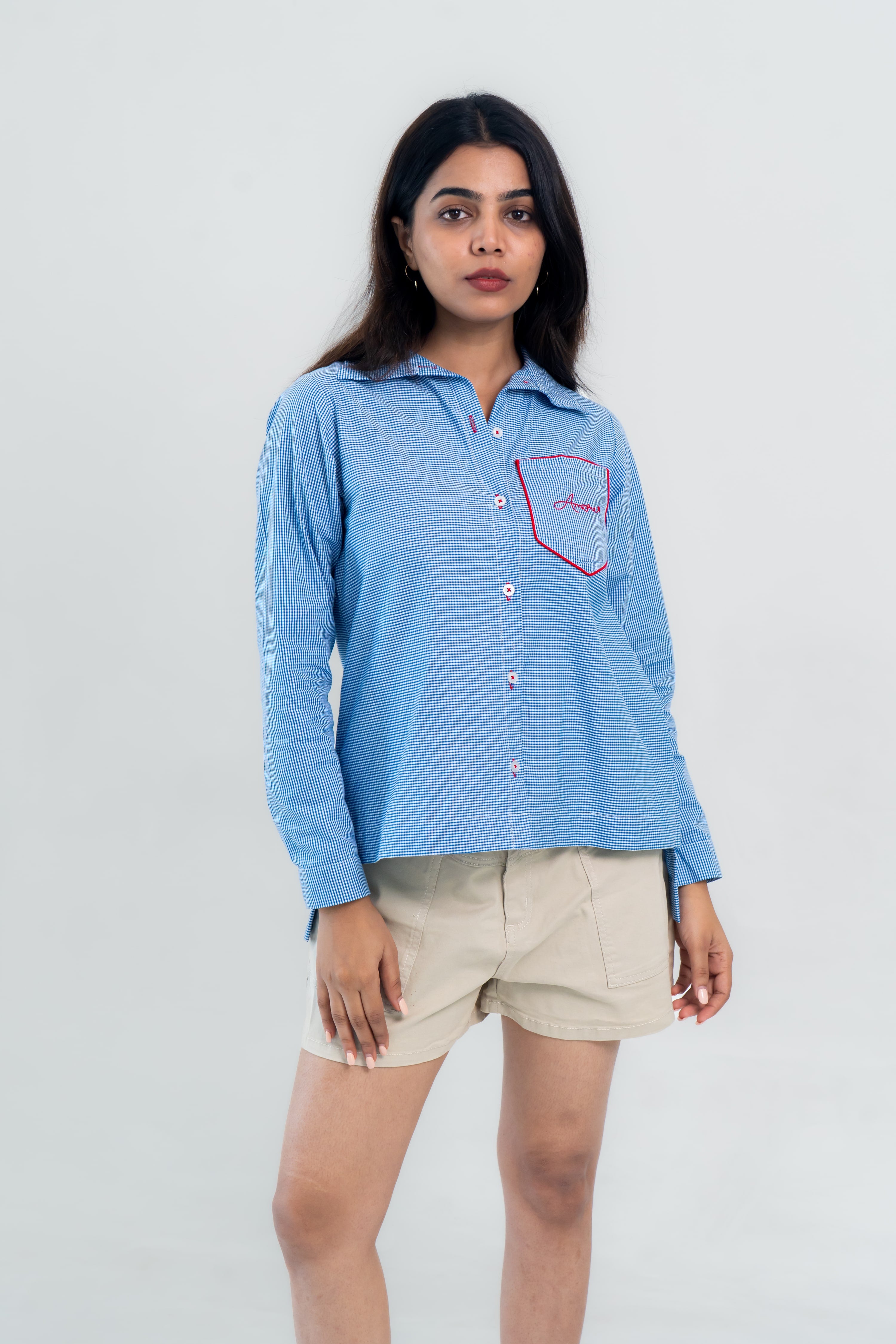 Blue Checked Cotton Shirt with Heart Embroidery