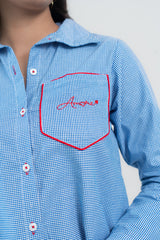Blue and white gingham shirt with red embroidered 'Amore' pocket and button details