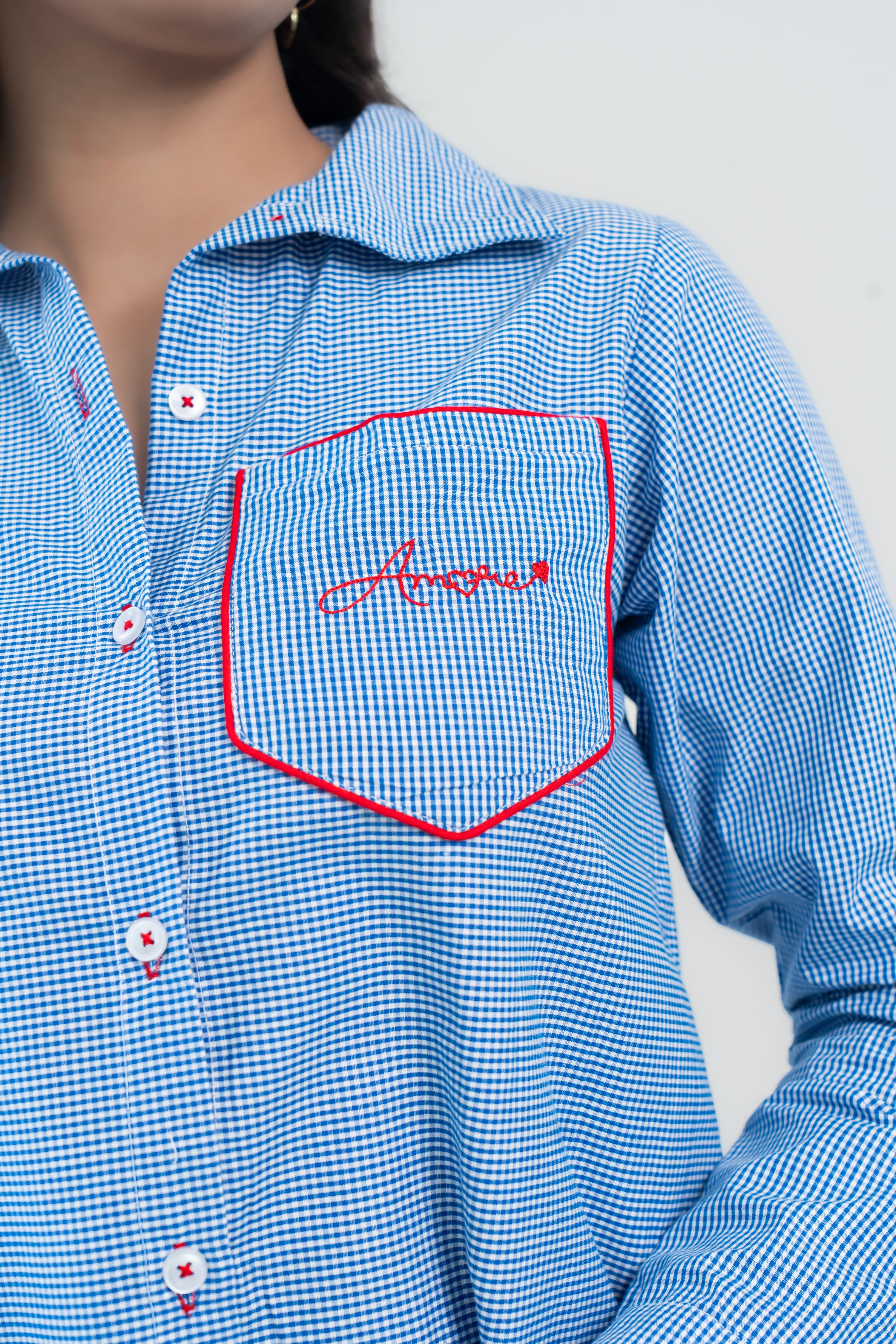 Blue Checked Cotton Shirt with Heart Embroidery