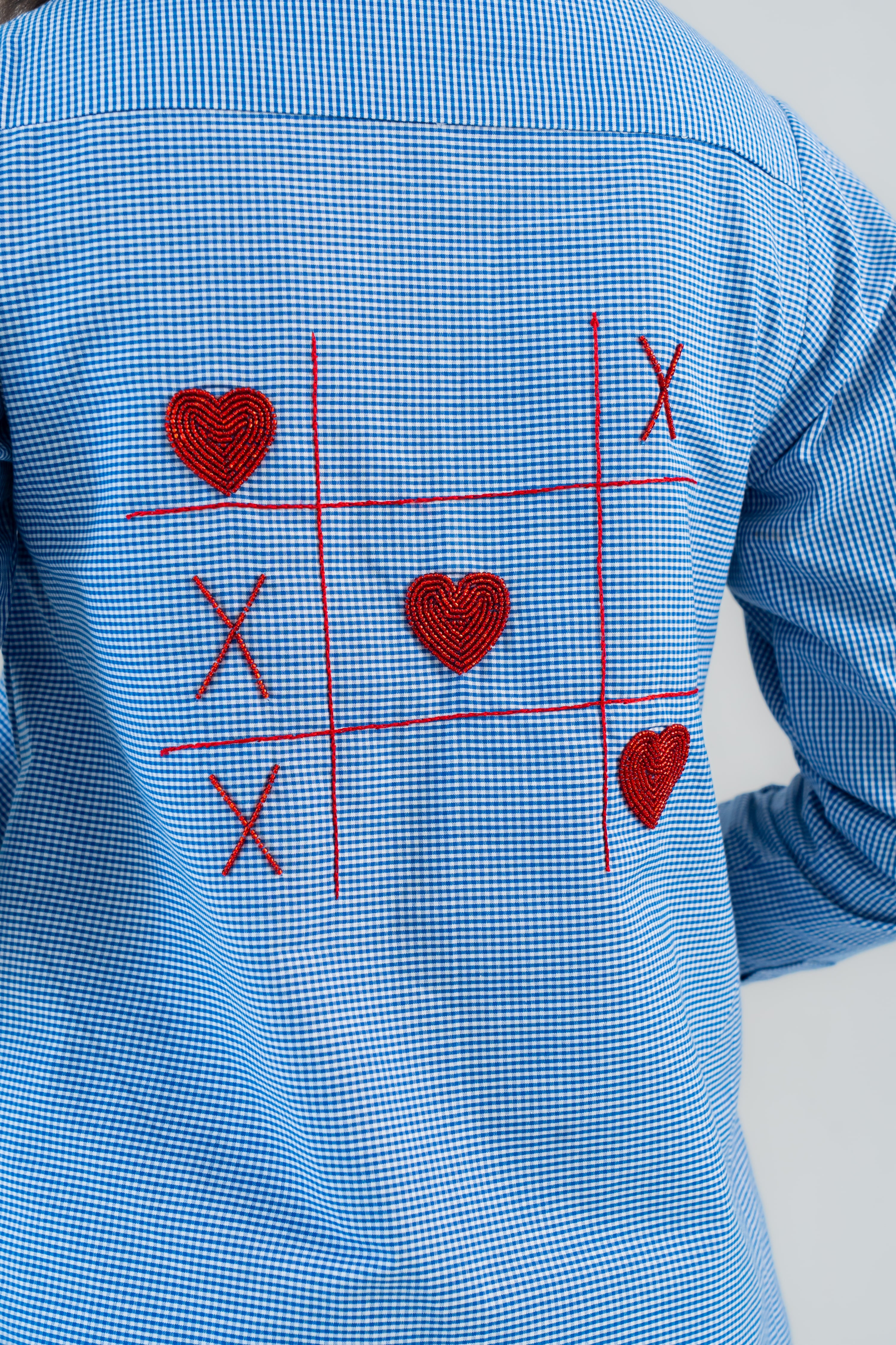 Blue Checked Cotton Shirt with Heart Embroidery
