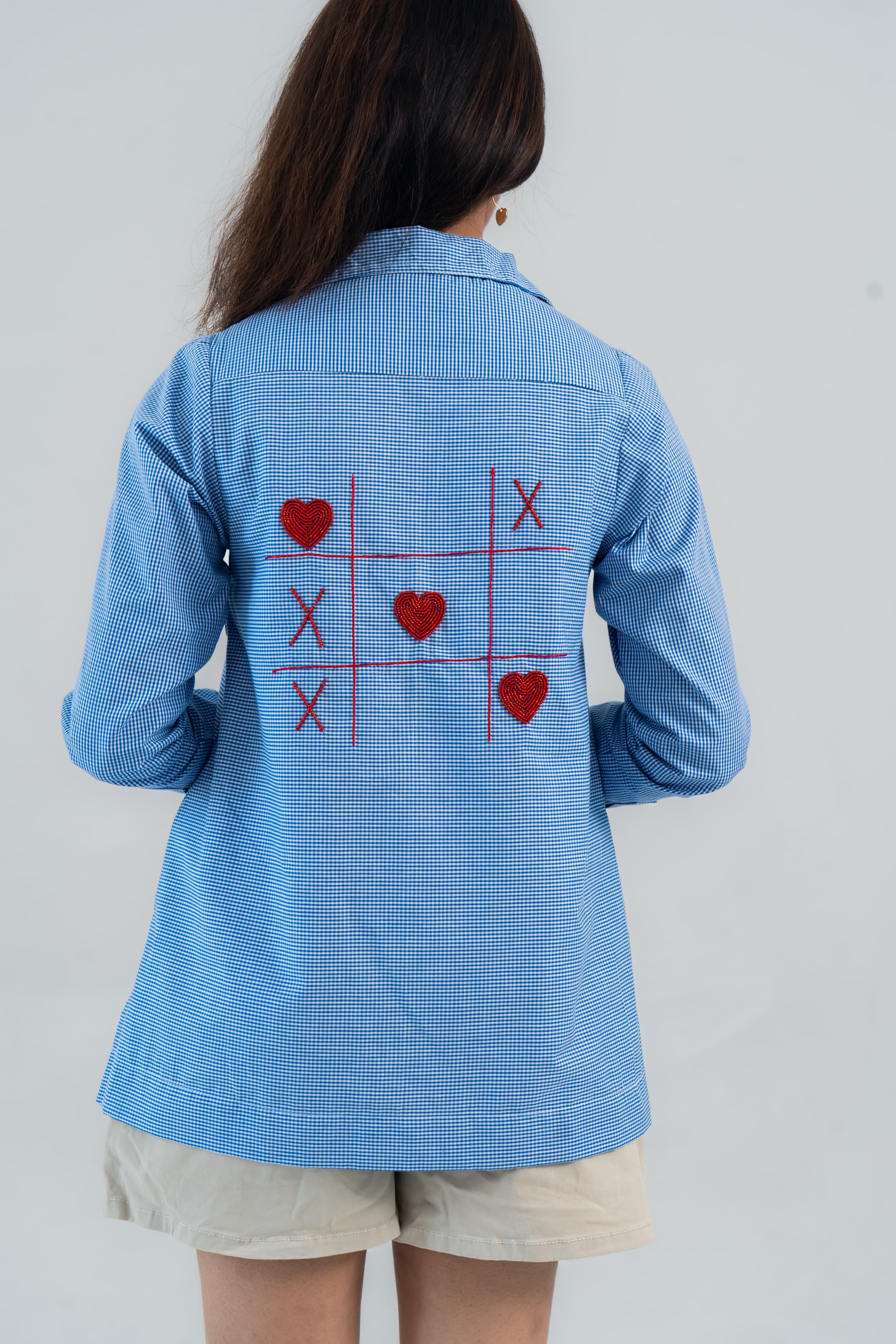 Blue Checked Cotton Shirt with Heart Embroidery