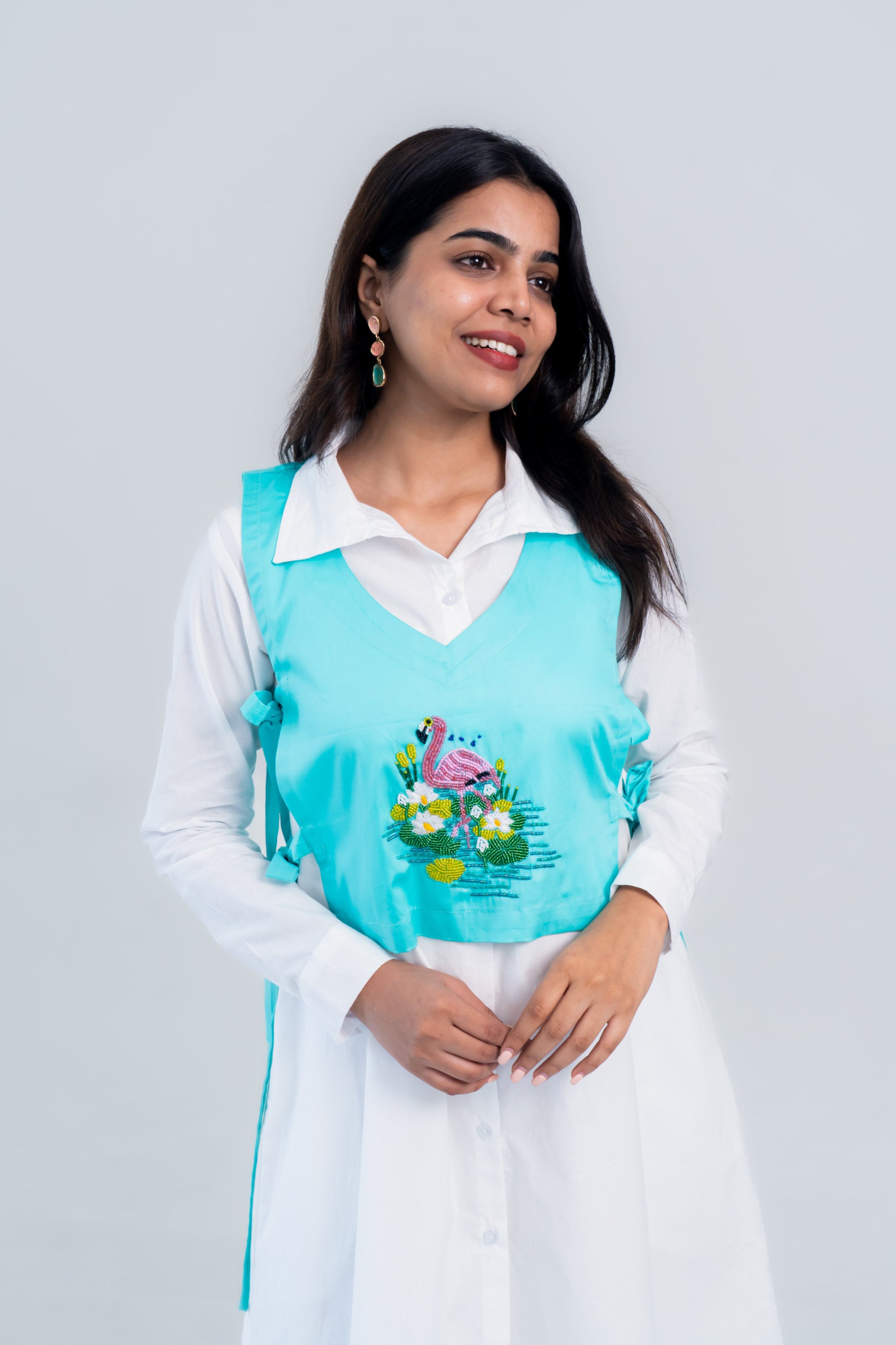 Flamingo Embroidered Tie-Up Vest