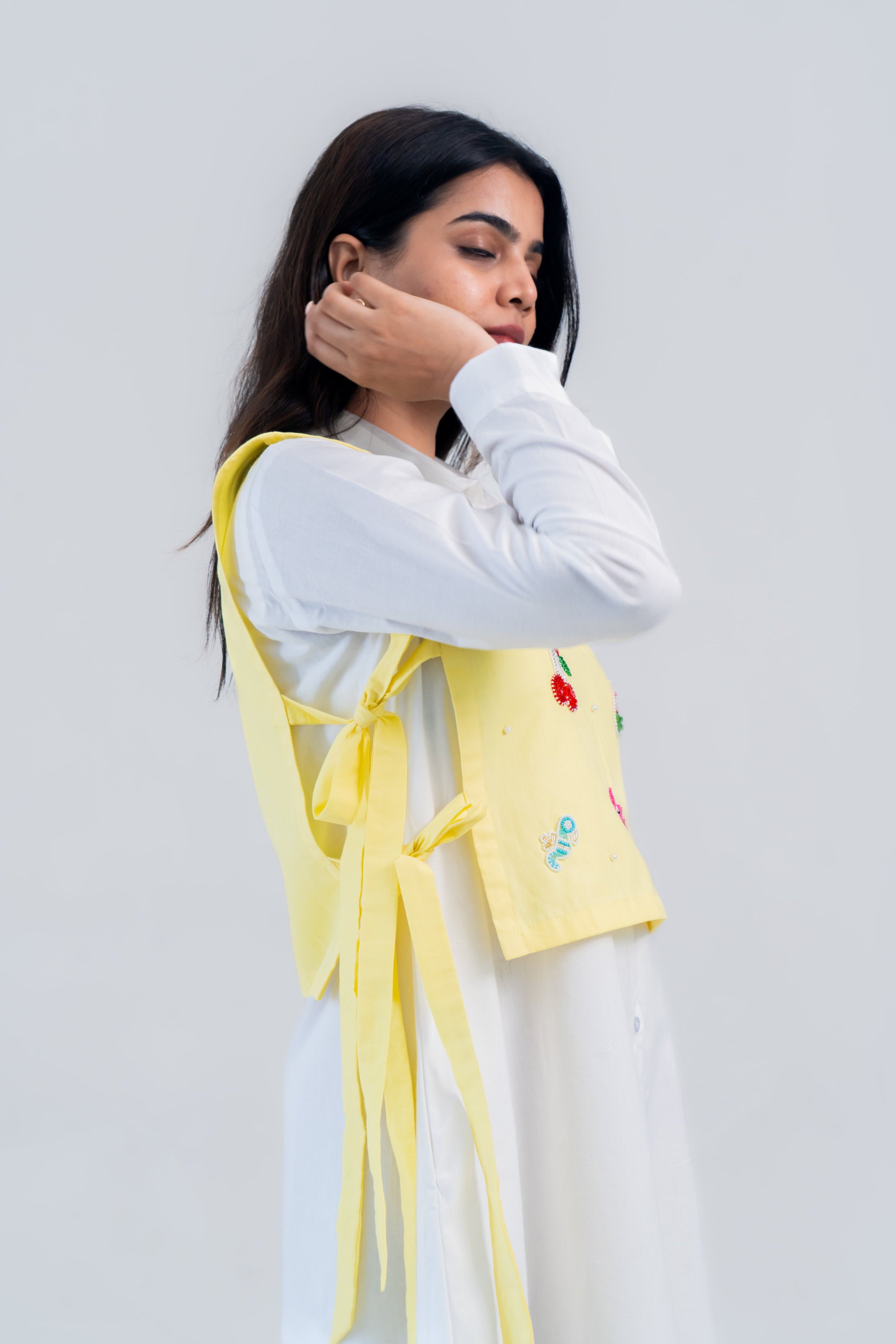 Yellow Embroidered Tie-Up Vest
