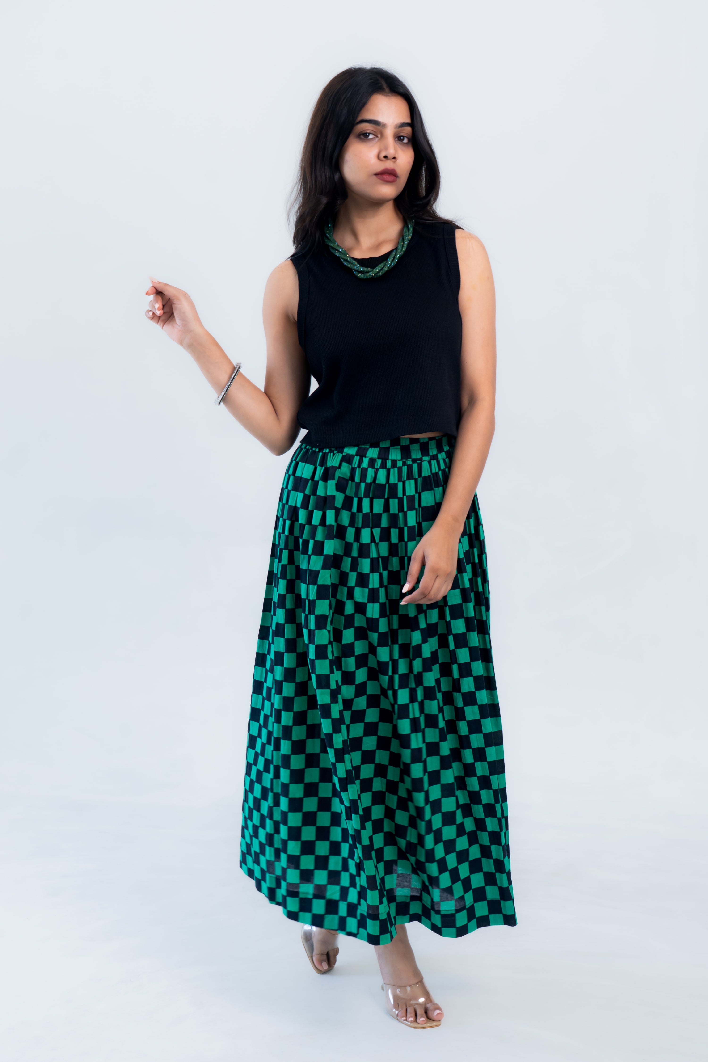 Green Checked Cotton Midi Skirt