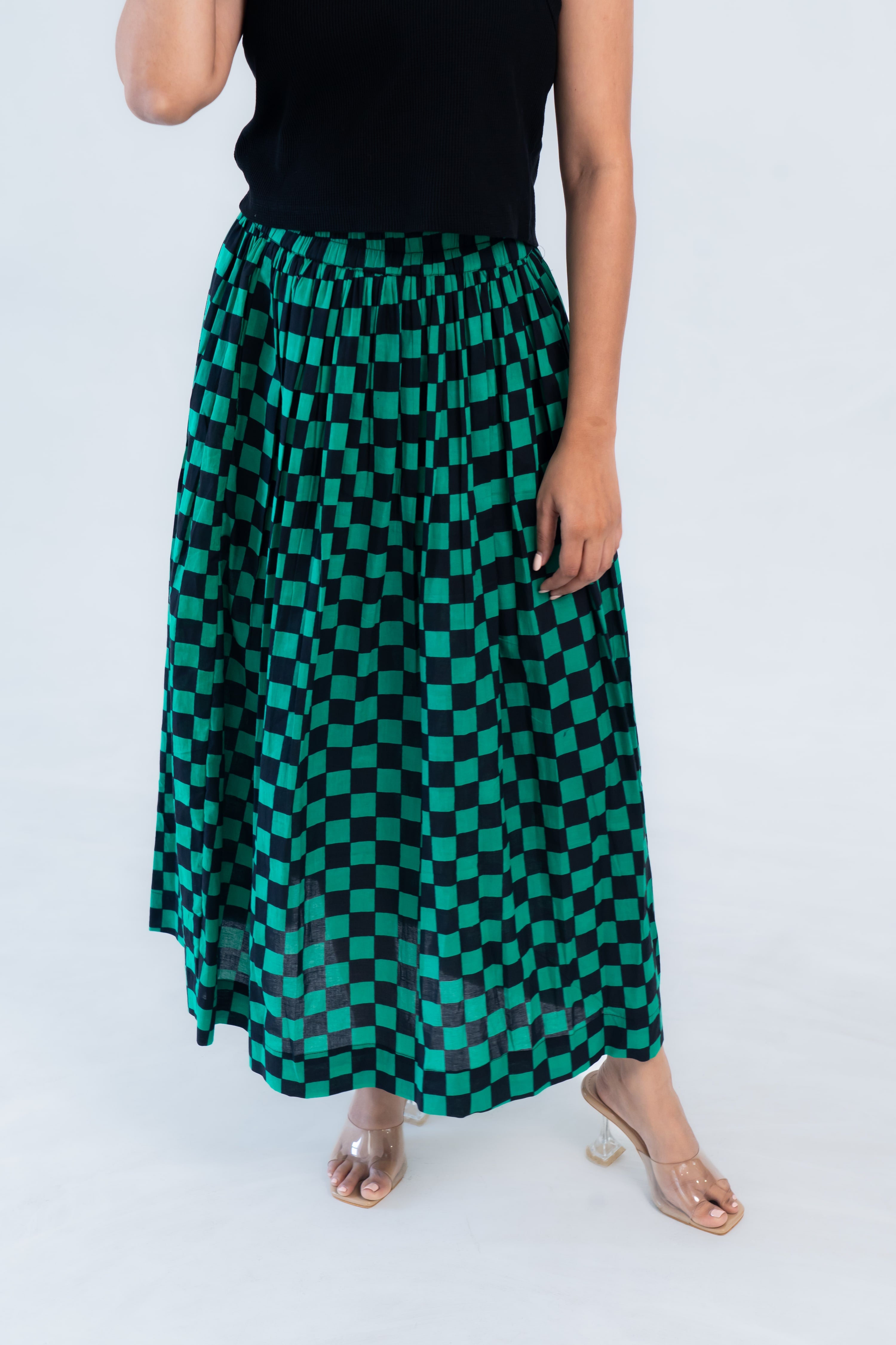 Green Checked Cotton Midi Skirt