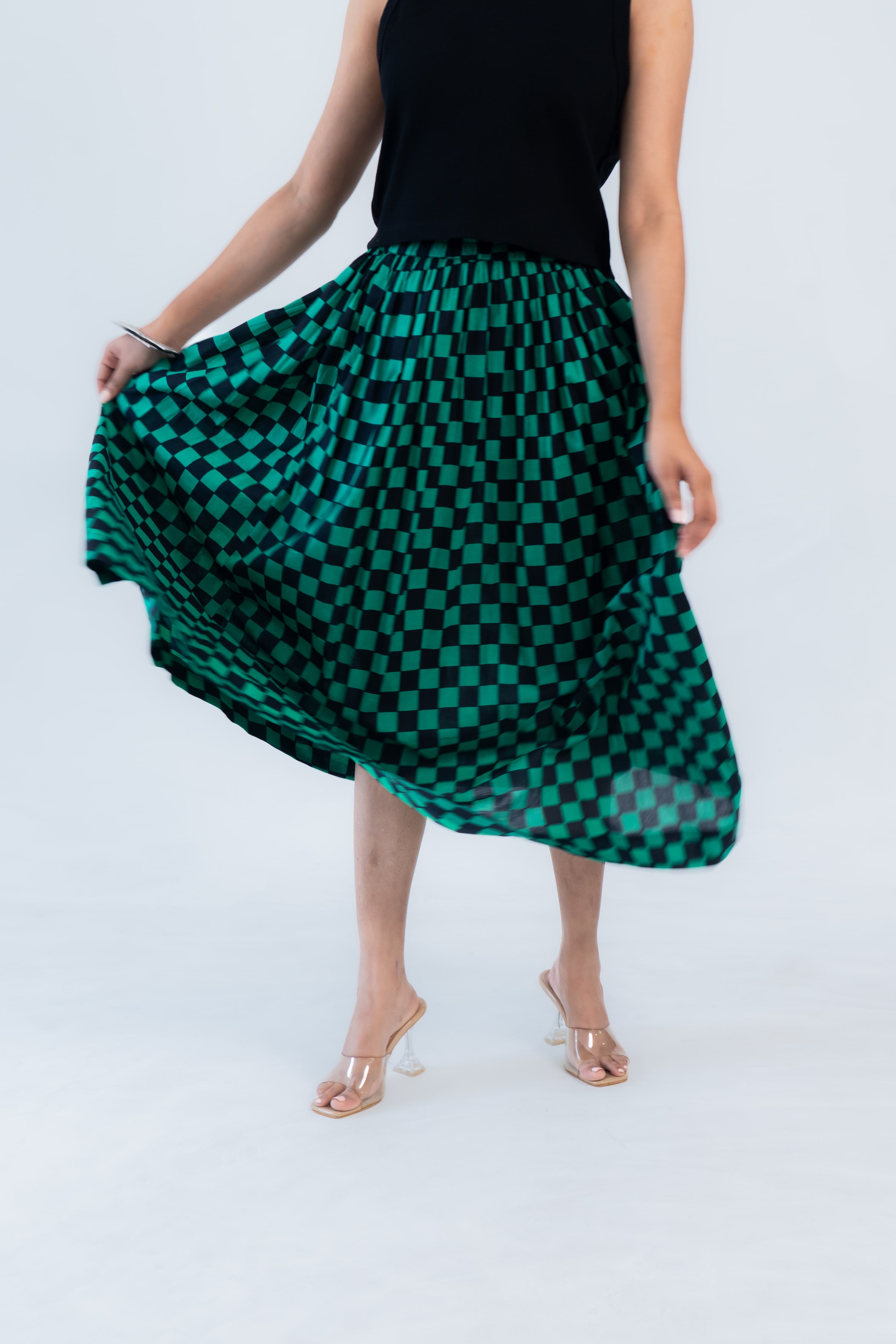 Green Checked Cotton Midi Skirt