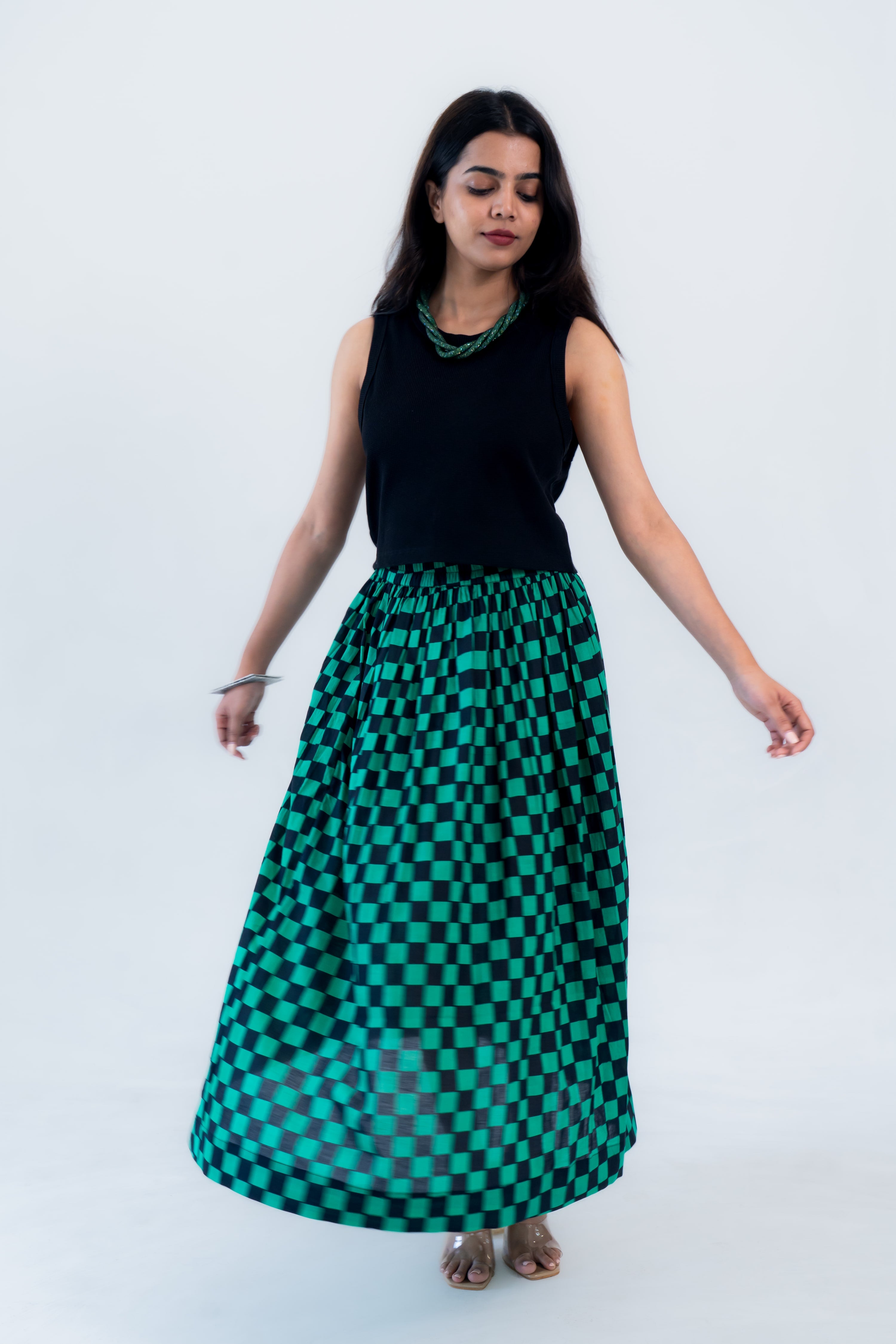 Green Checked Cotton Midi Skirt