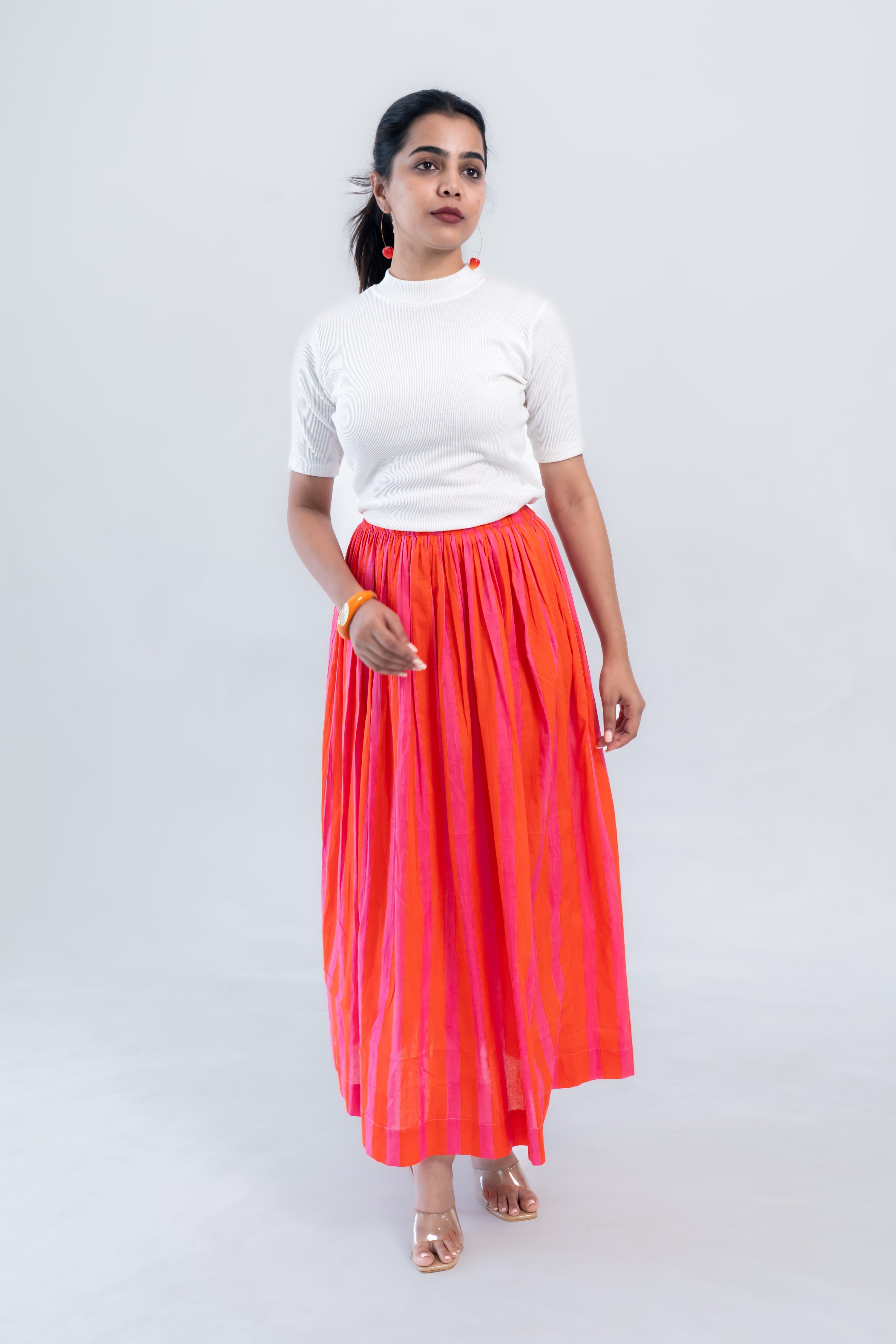 Orange Pink Striped Cotton Midi Skirt