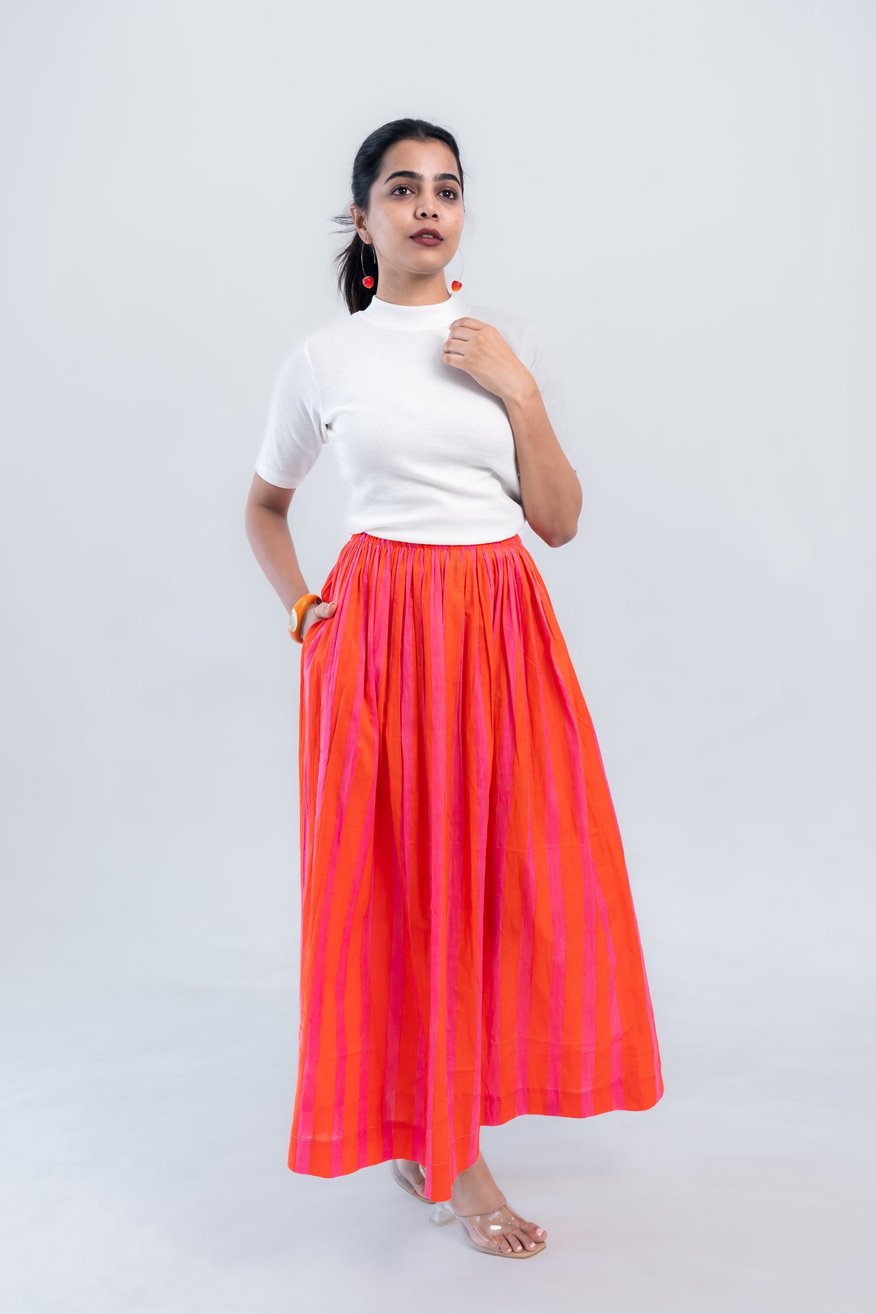 Orange Pink Striped Cotton Midi Skirt