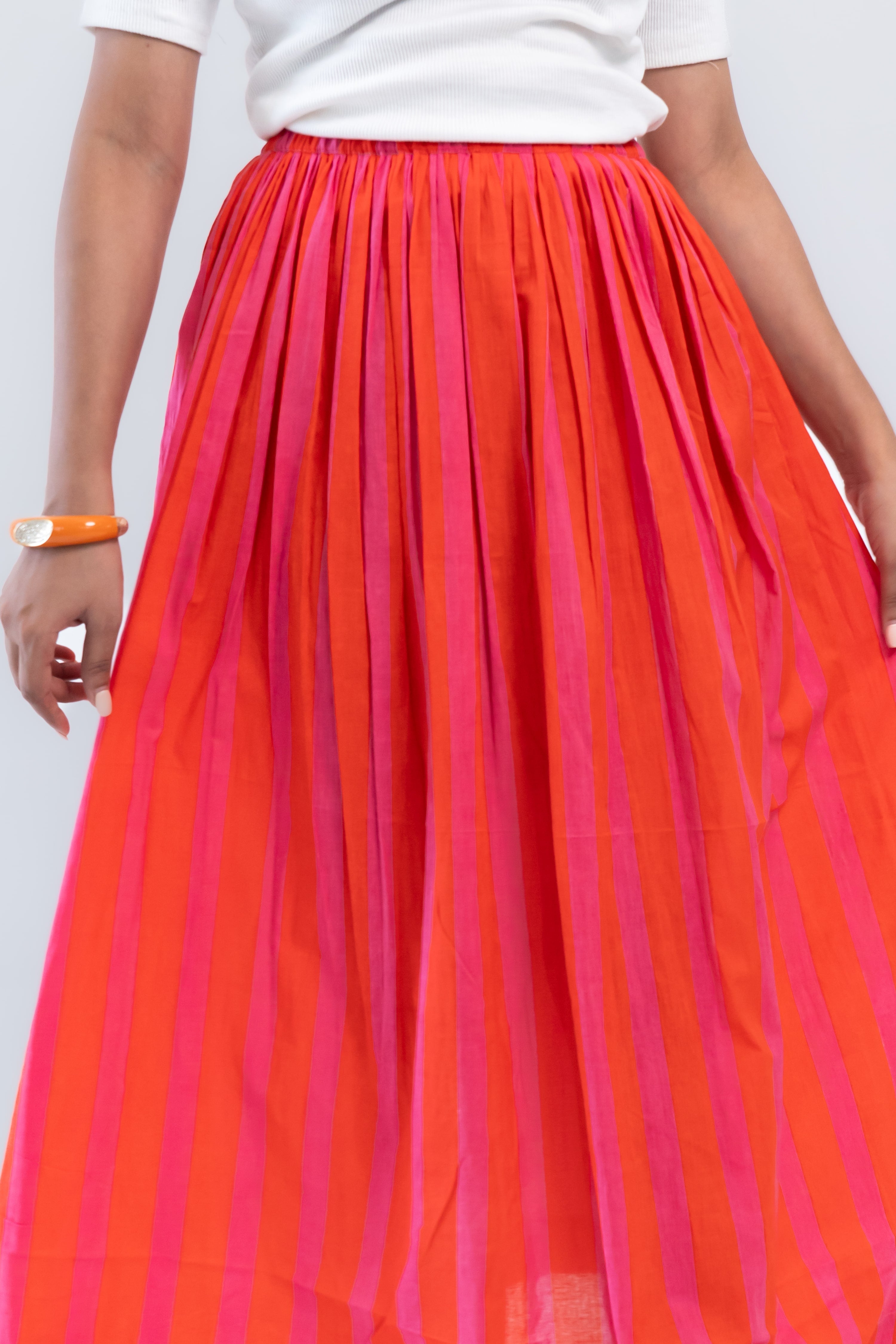 Orange Pink Striped Cotton Midi Skirt