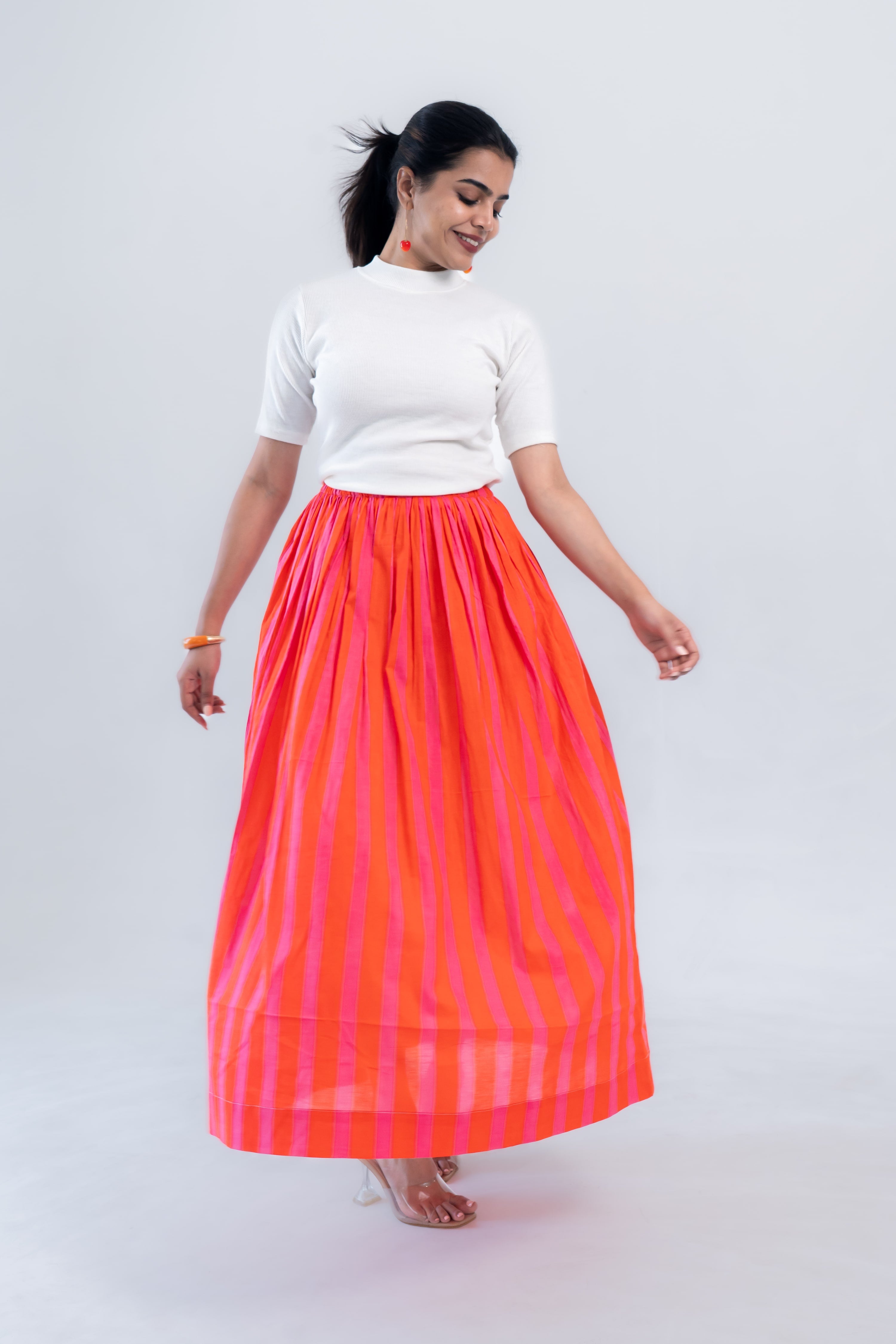 Orange Pink Striped Cotton Midi Skirt