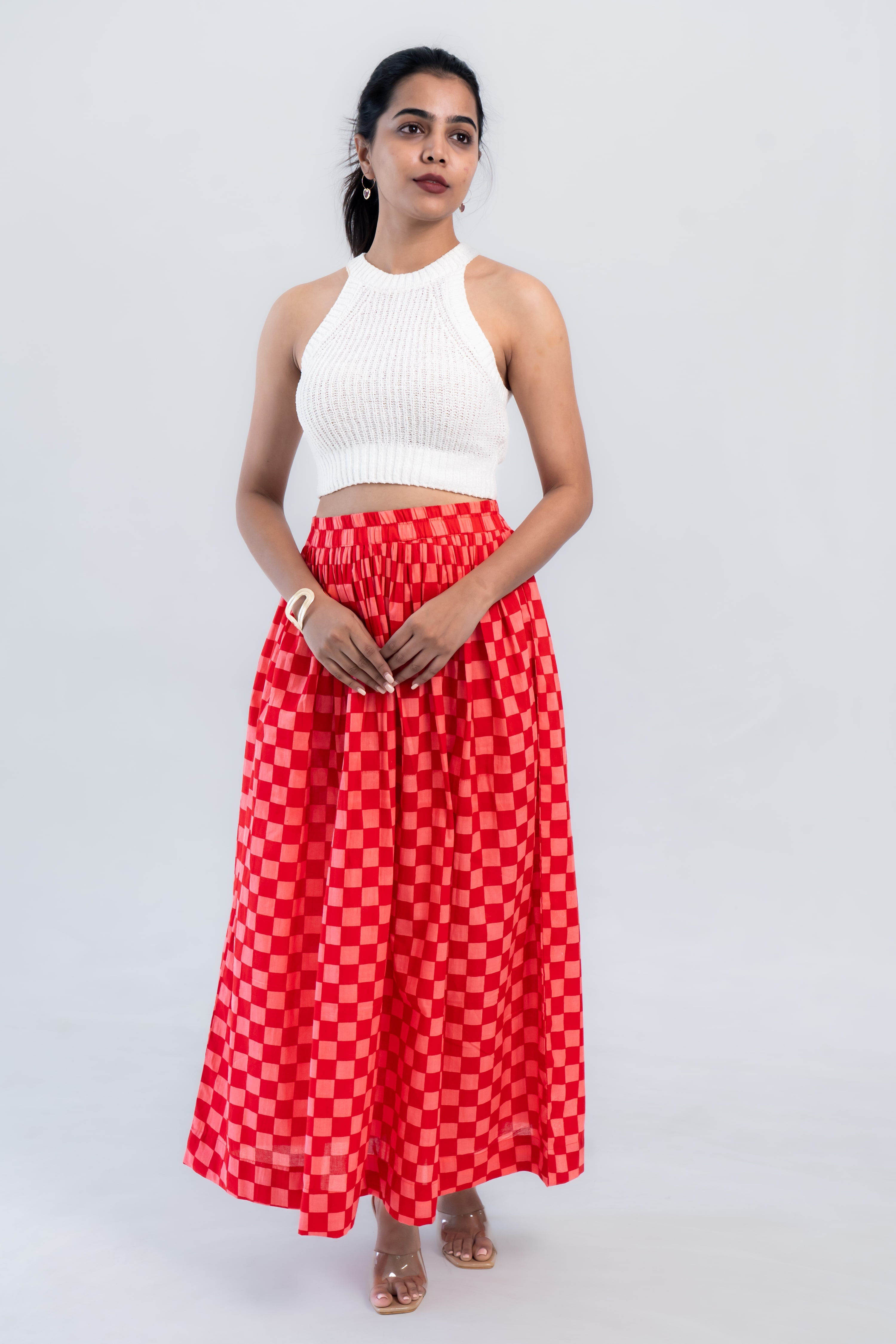 Red Checked Cotton Midi Skirt