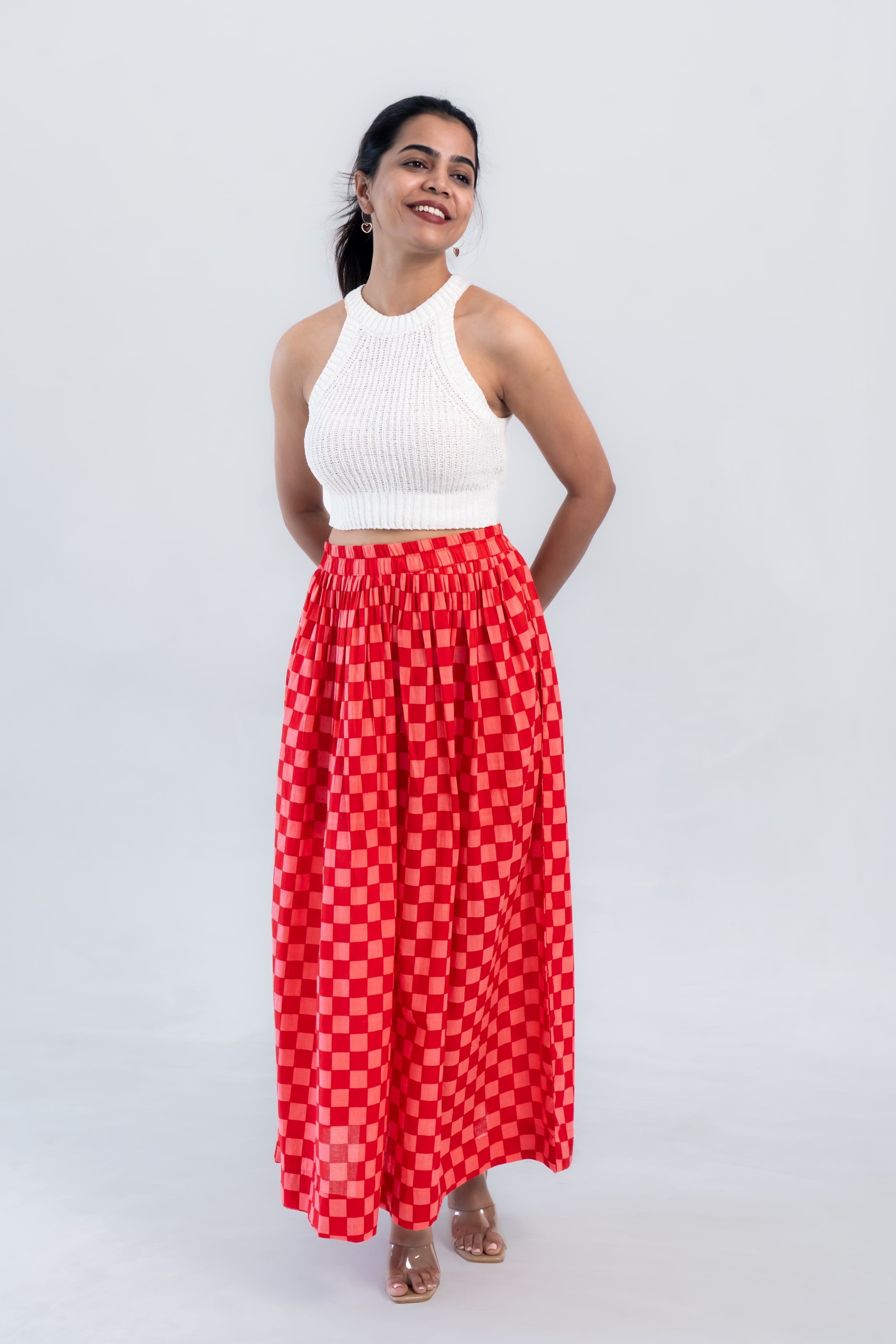 Red Checked Cotton Midi Skirt