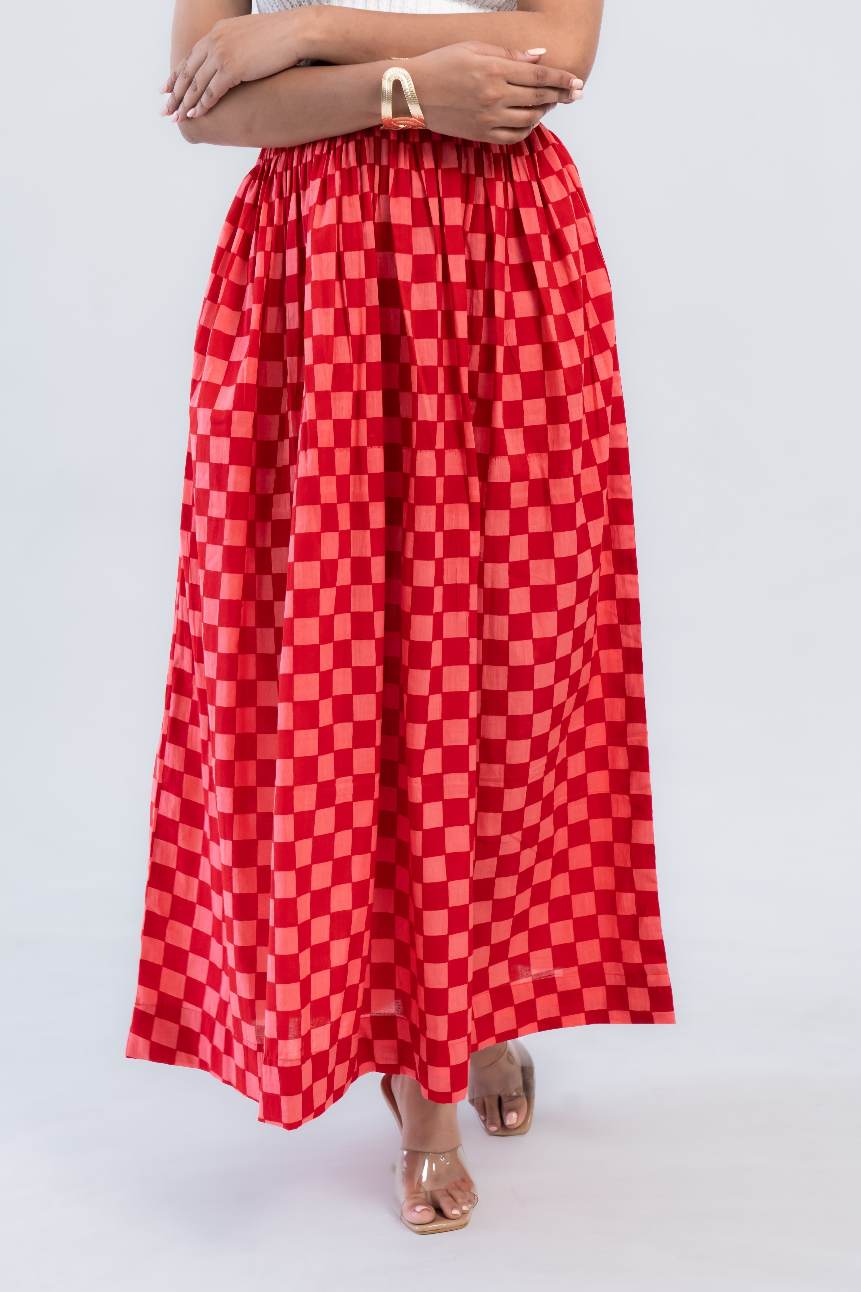 Red Checked Cotton Midi Skirt