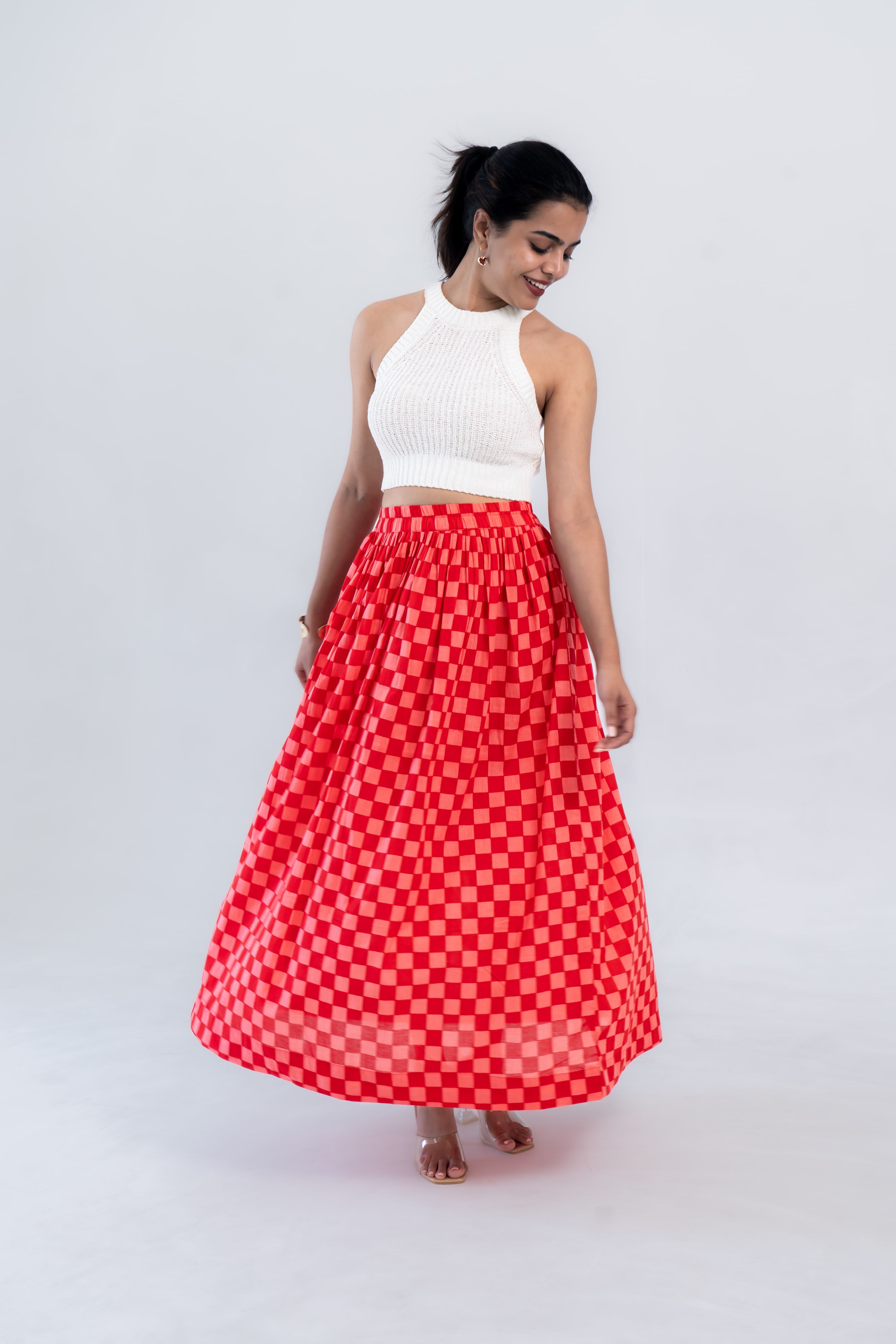 Red Checked Cotton Midi Skirt