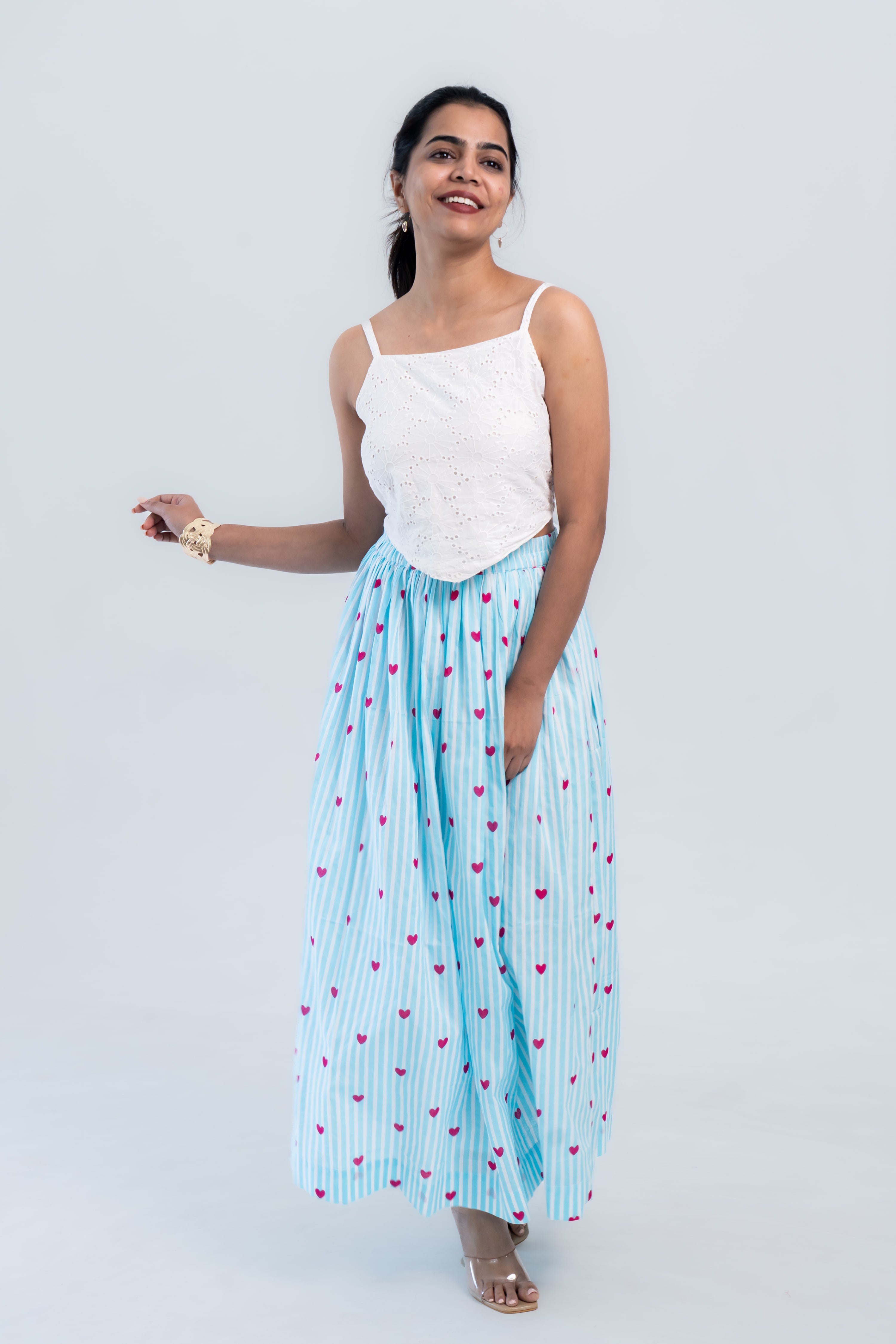 Blue Striped Heart Print Cotton Midi Skirt