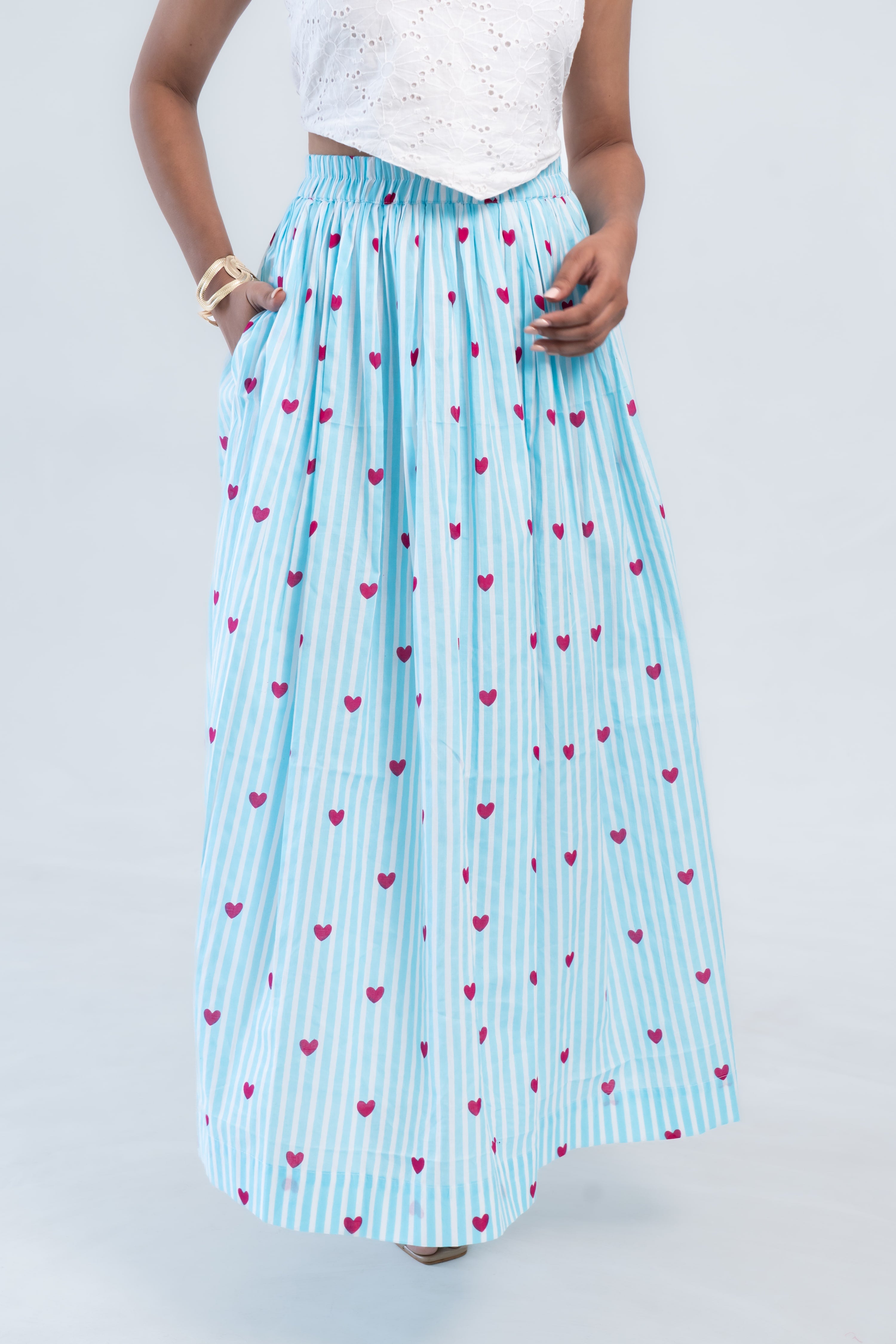 Blue Striped Heart Print Cotton Midi Skirt