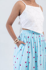 White eyelet crop top with blue striped heart print skirt, trendy women's co-ord set