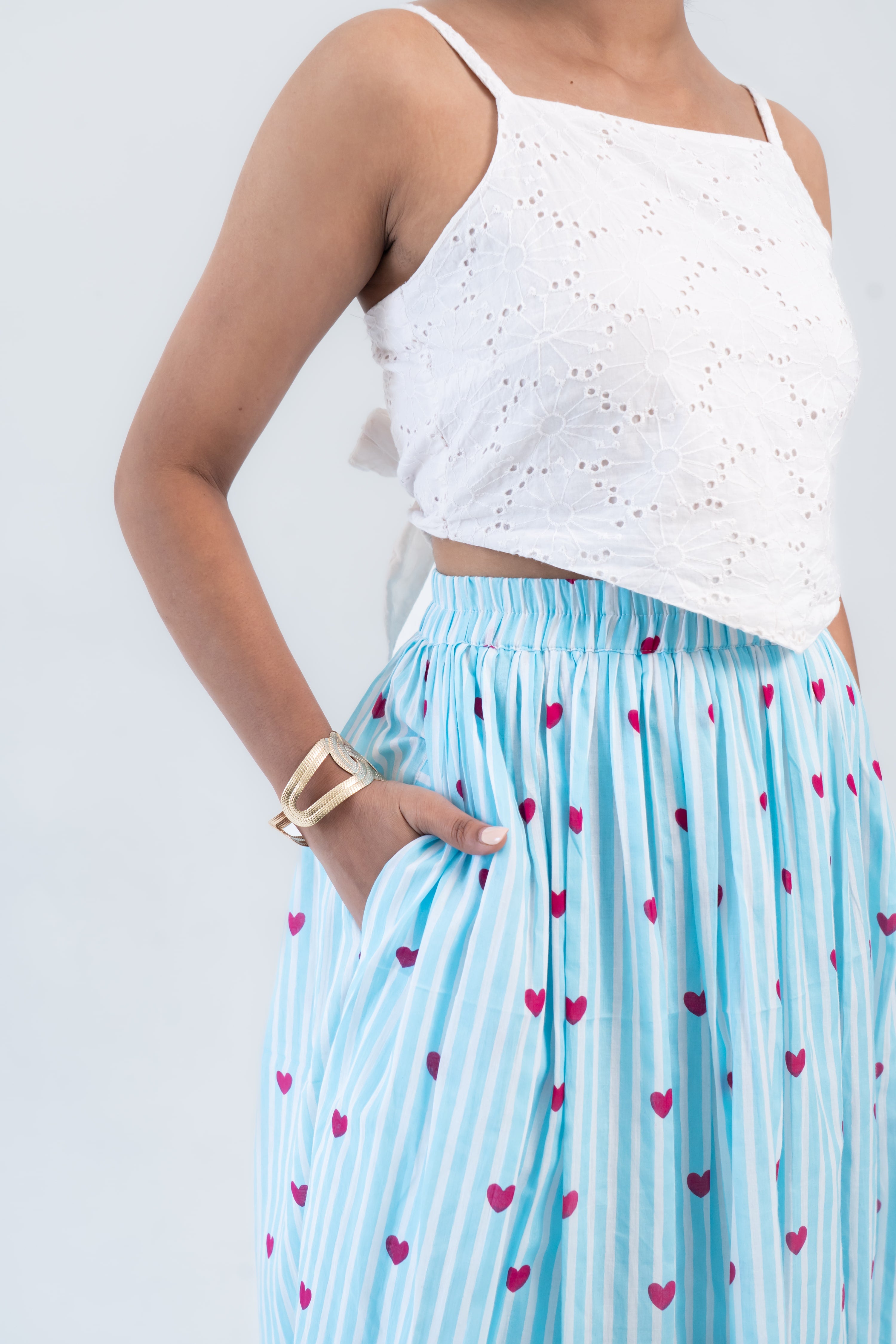 Blue Striped Heart Print Cotton Midi Skirt