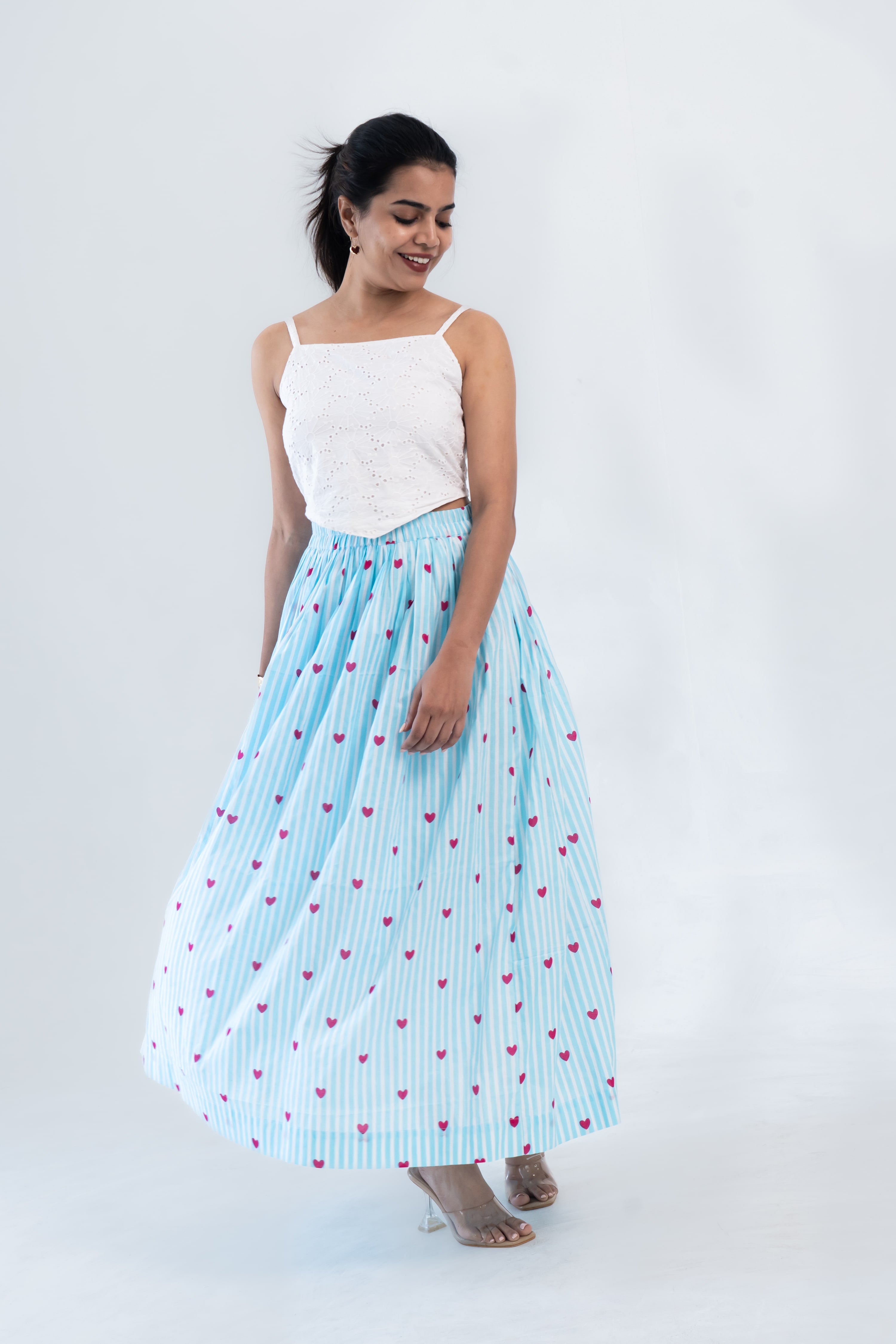 Blue Striped Heart Print Cotton Midi Skirt