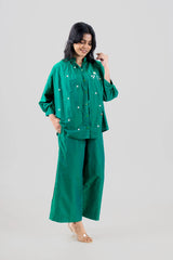 Emerald green floral embroidered co-ord set with wide-leg pants and button-up top
