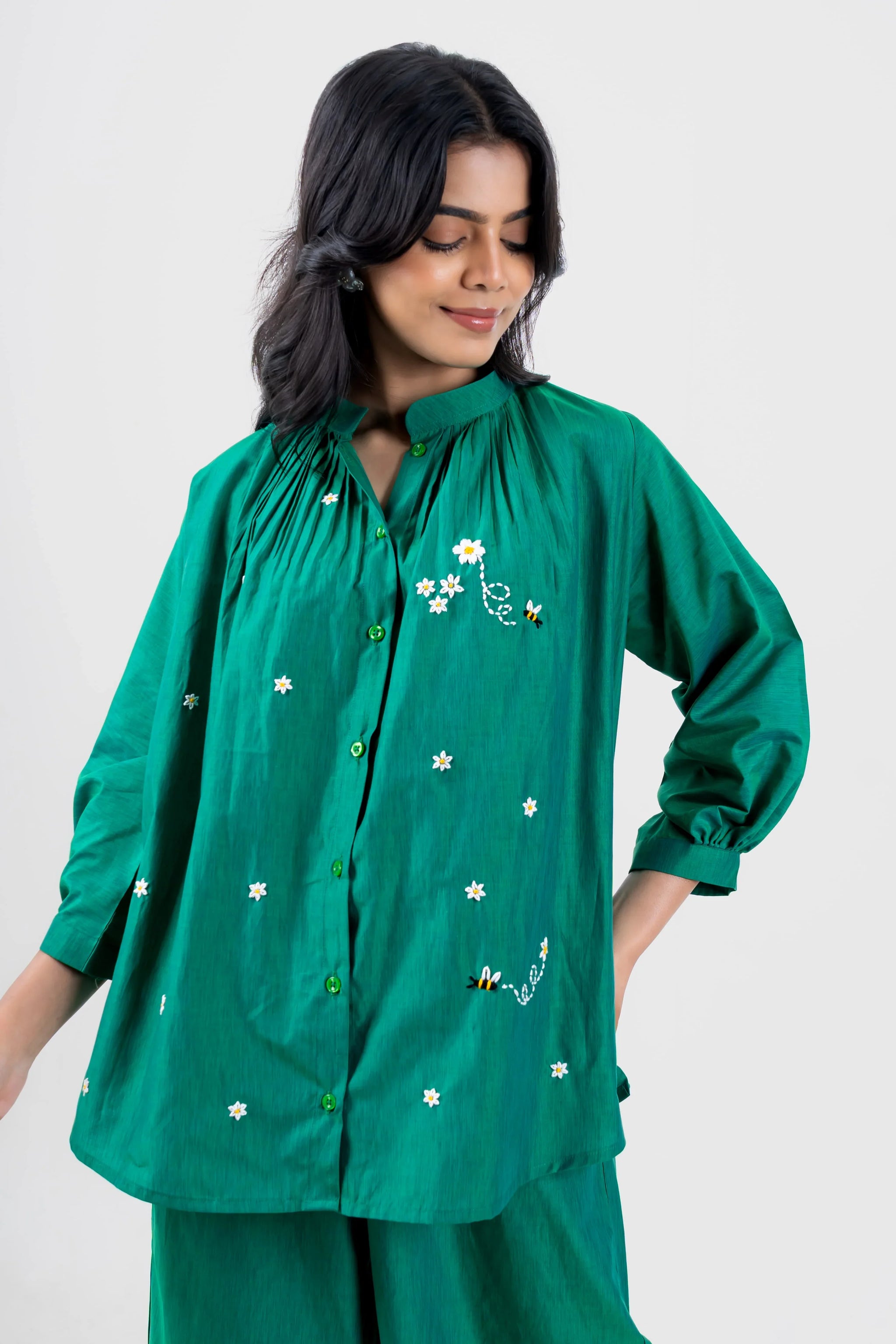 Green embroidered floral and bee print women's co-ord set with button front and pleated neckline