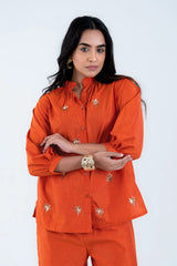Orange embroidered co-ord set with palm motifs, stylish women's outfit for everyday wear