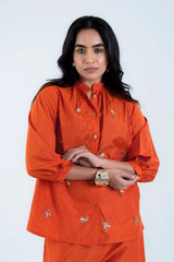 Orange embroidered palazzo set with palm tree details, stylish women's co-ord outfit