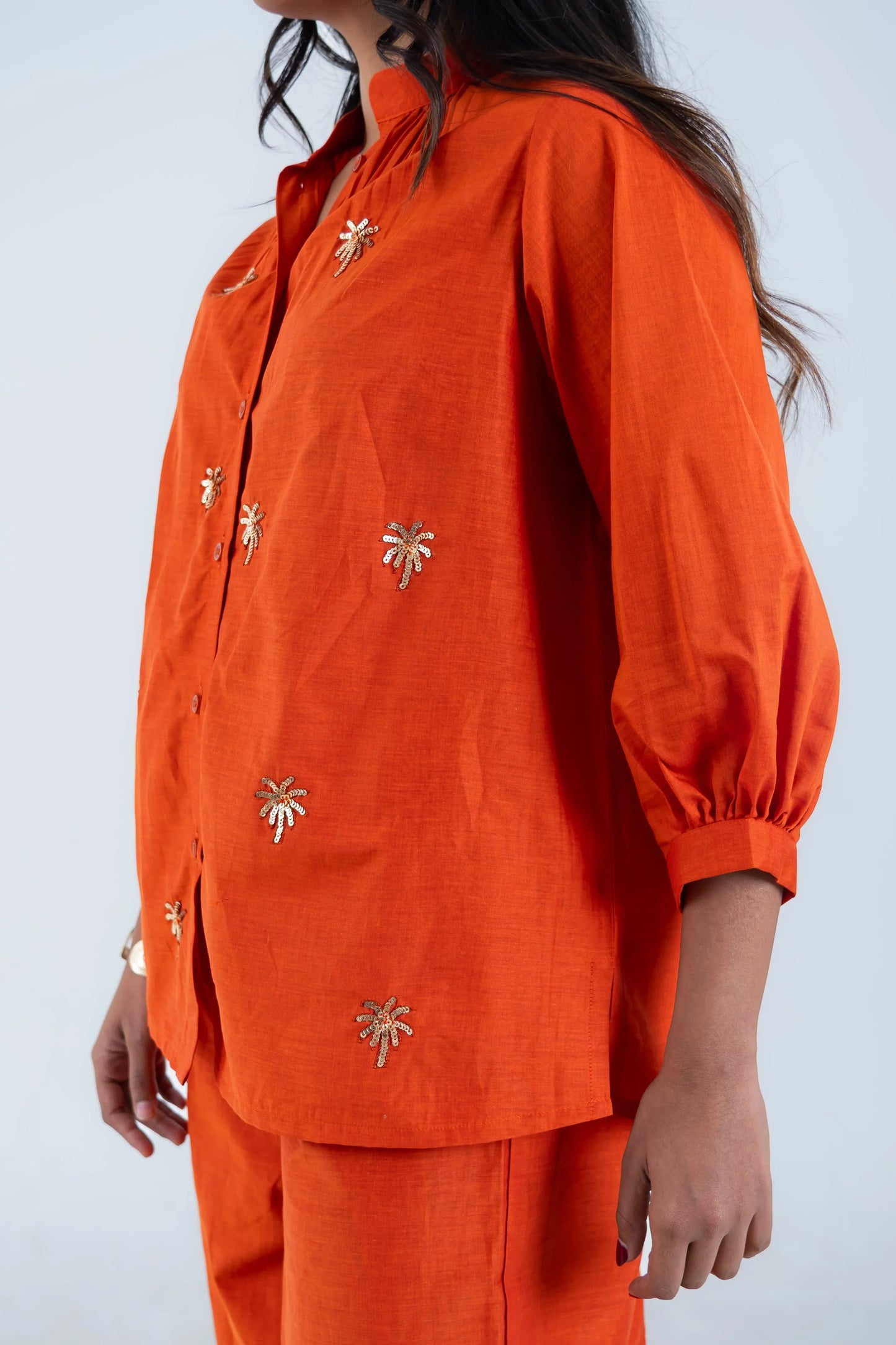Orange shirt with palm tree embroidery, stylish women's co-ord set