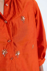 Orange women's dress with sequin palm tree embroidery and button front, trendy summer style