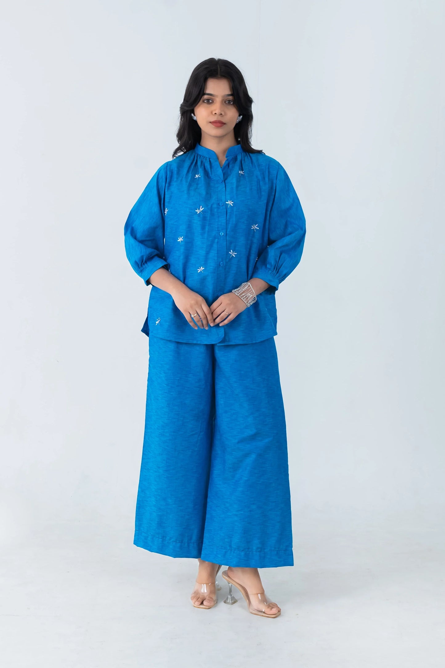 Blue embroidered co-ord set with wide-leg pants and button-up top for women