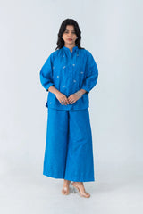 Blue embroidered co-ord set with wide-leg pants and button-up top for women