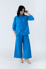 Blue embroidered co-ord set with wide-leg pants and button-up top for women