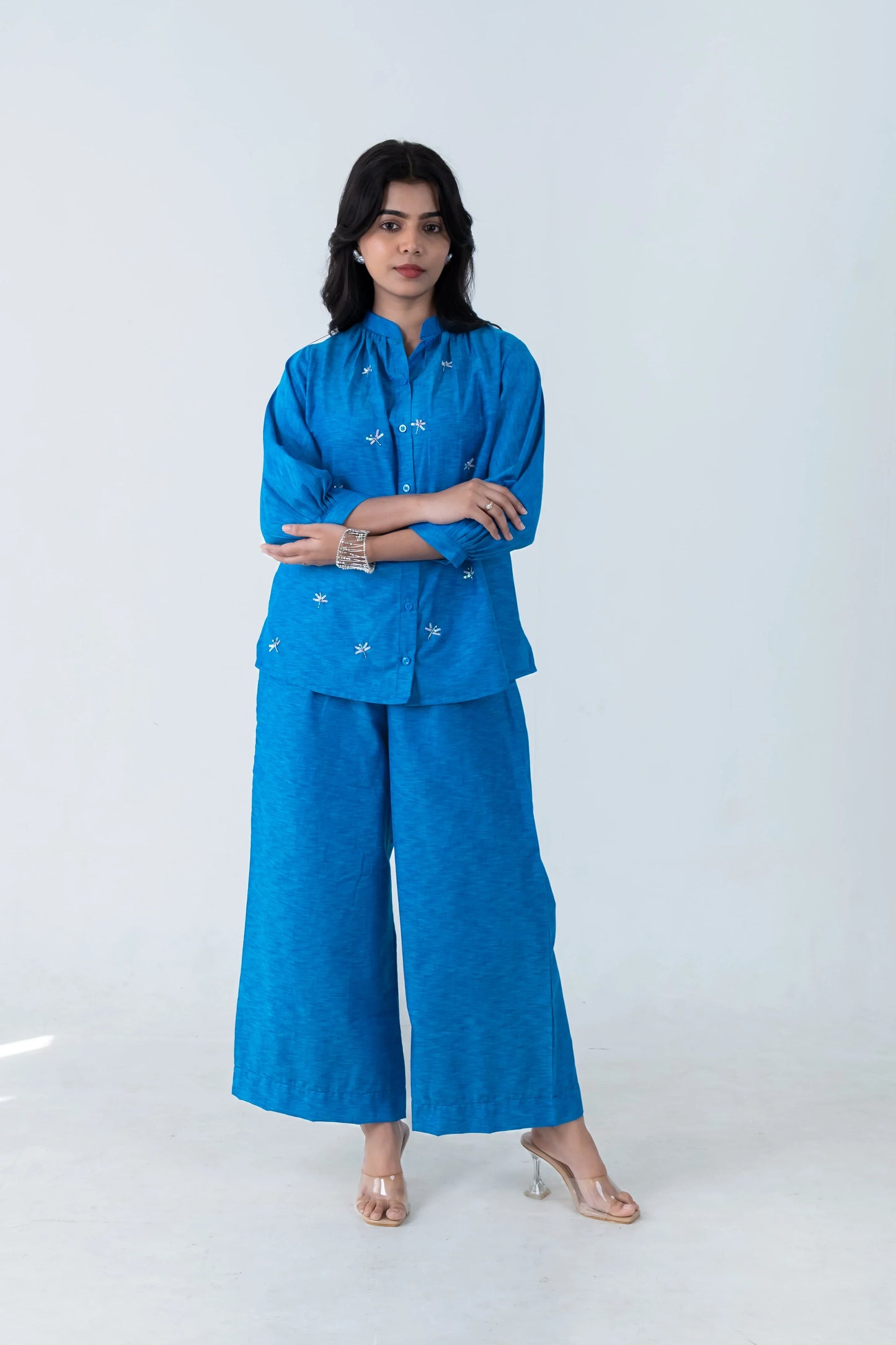 Blue embroidered co-ord set with wide-leg pants and button-up top for women