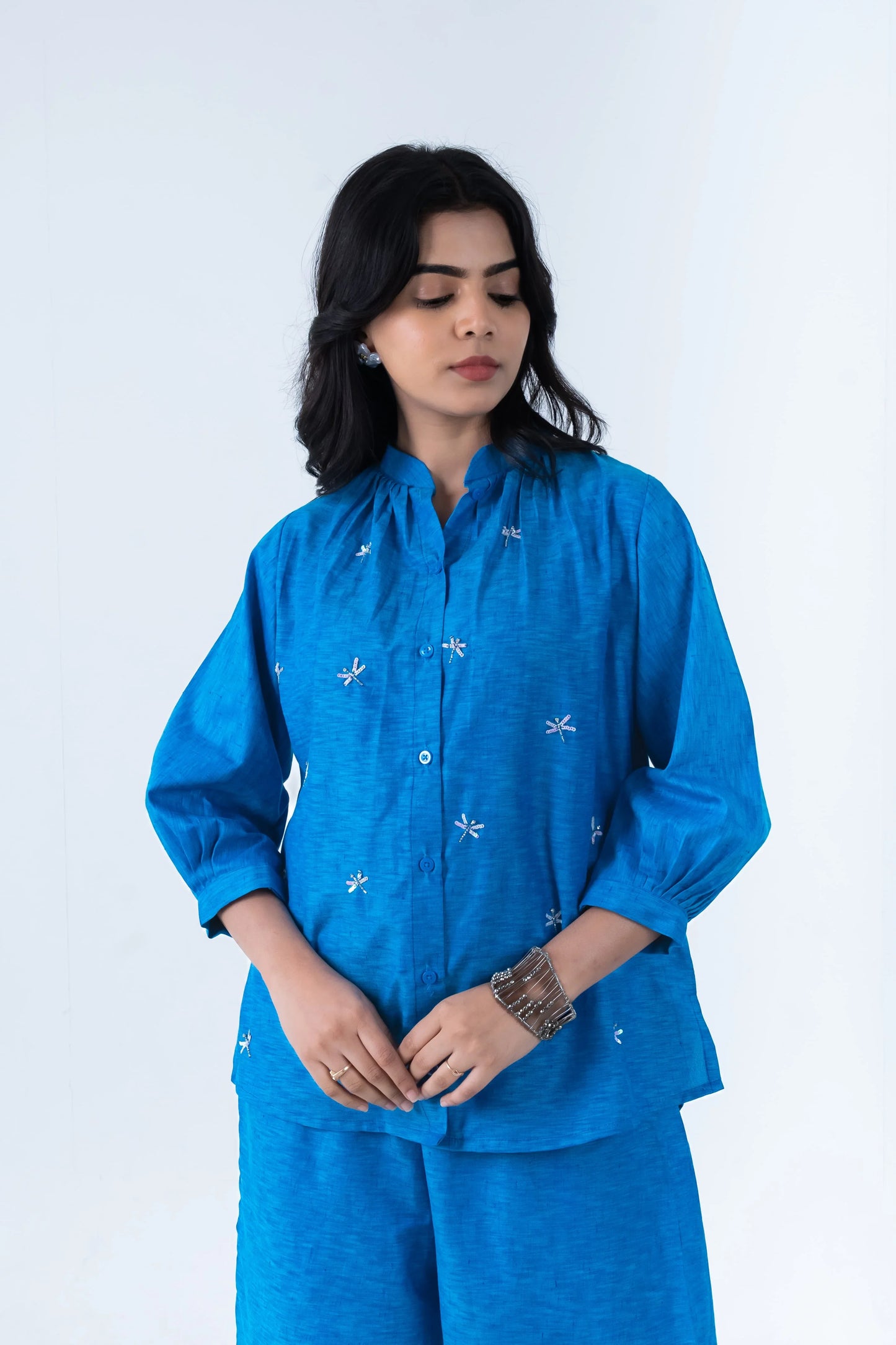 Blue embroidered co-ord set with dragonfly details, stylish women's outfit