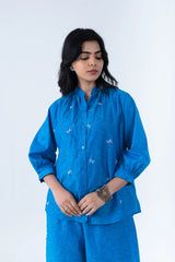 Blue embroidered co-ord set with dragonfly details, stylish women's outfit