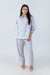 Gray linen co-ord set with heart embroidery, wide-leg pants, and button-up shirt for women