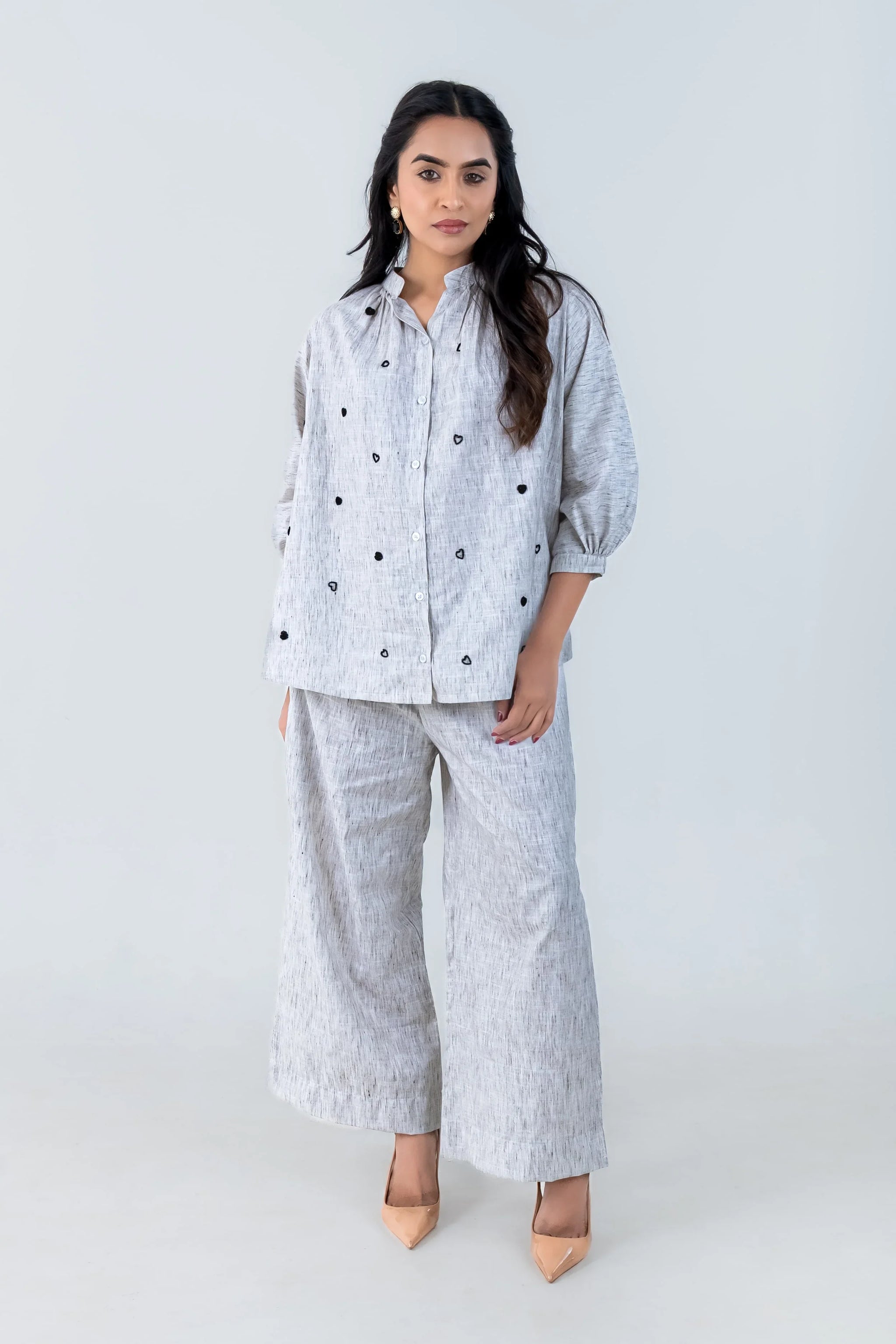 Gray linen co-ord set with heart embroidery, wide-leg pants, and button-up shirt for women